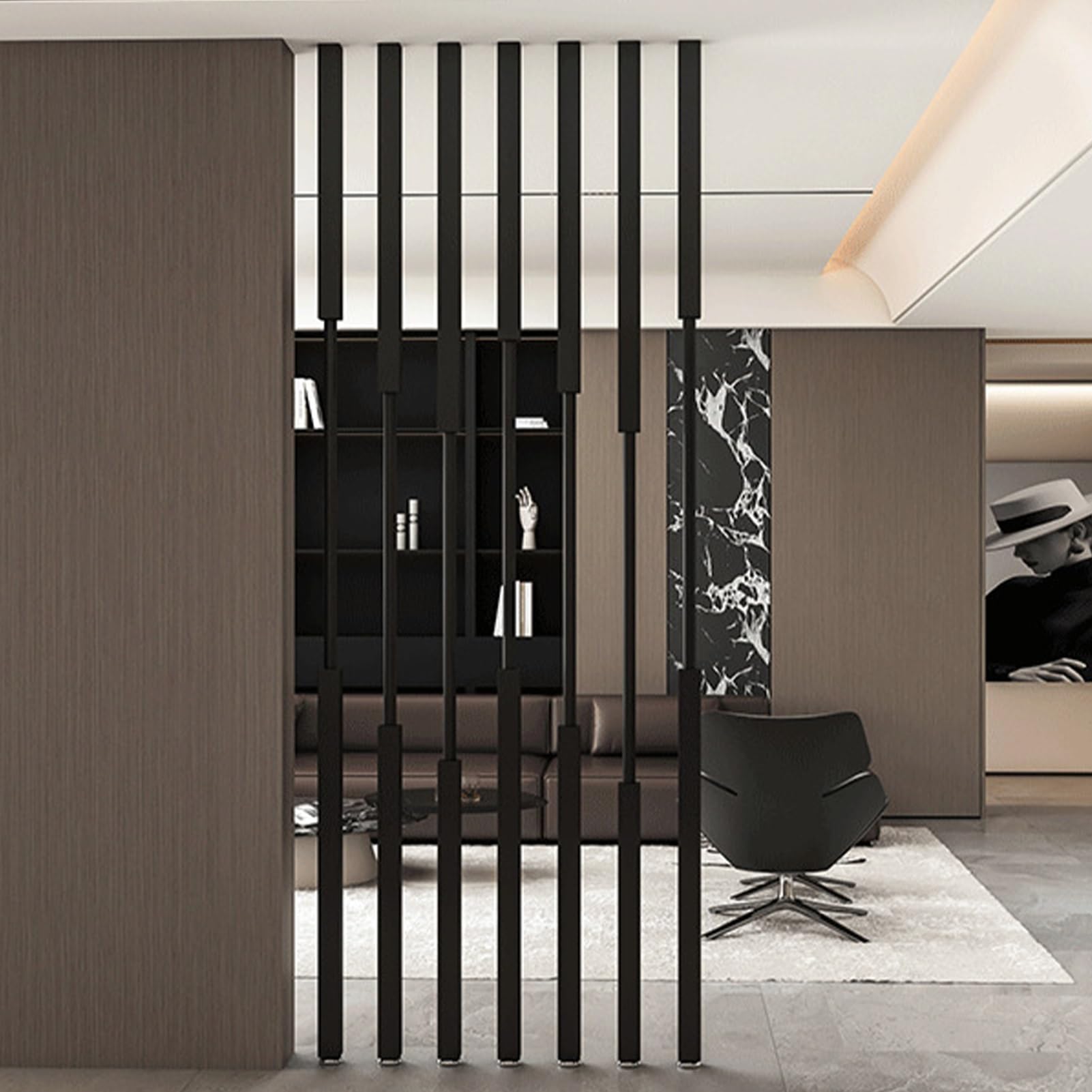 Divisorio da parete senza fori, divisorio per ambienti indipendente in metallo nero con piedino regolabile, colonna divisoria per soggiorno, ingresso, bar, 5/8 pezzi(5pcs-A,210cm/83in/6.9ft)