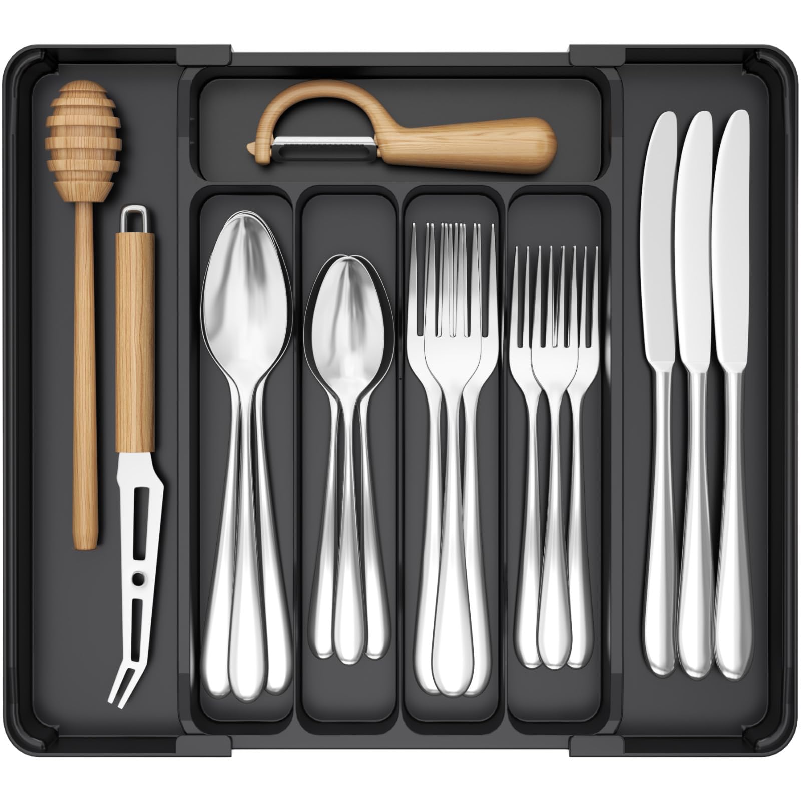 Lifewit Silverware Organizer for Drawer, Expandable Utensil Tray | BPA-free Plastic Adjustable Cutlery Holder for Kitchen Storage, 8.1-13.9 x 11.3, Black