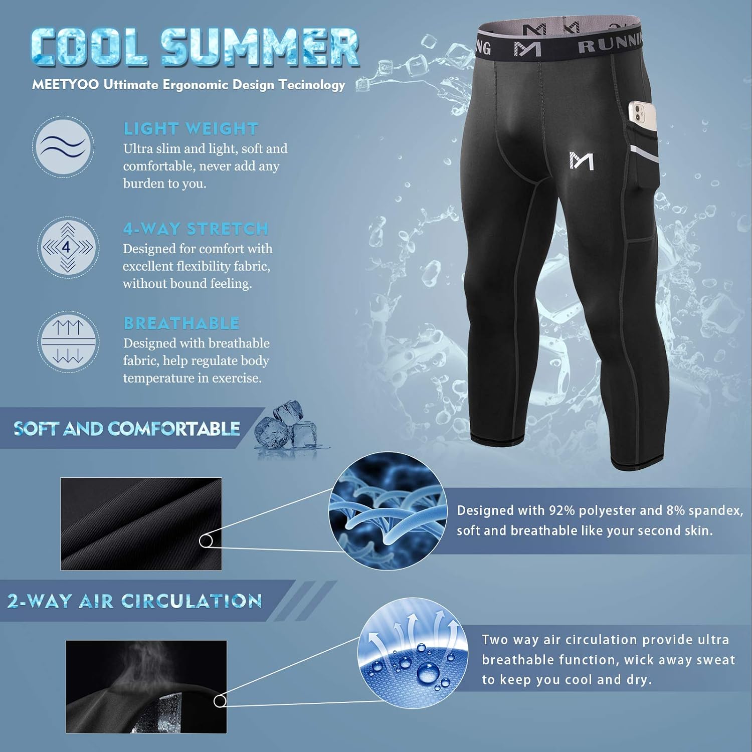 MEETYOO Men's 3/4 Compression Pants with Pockets, Black+White+Blue, Medium - Image 3