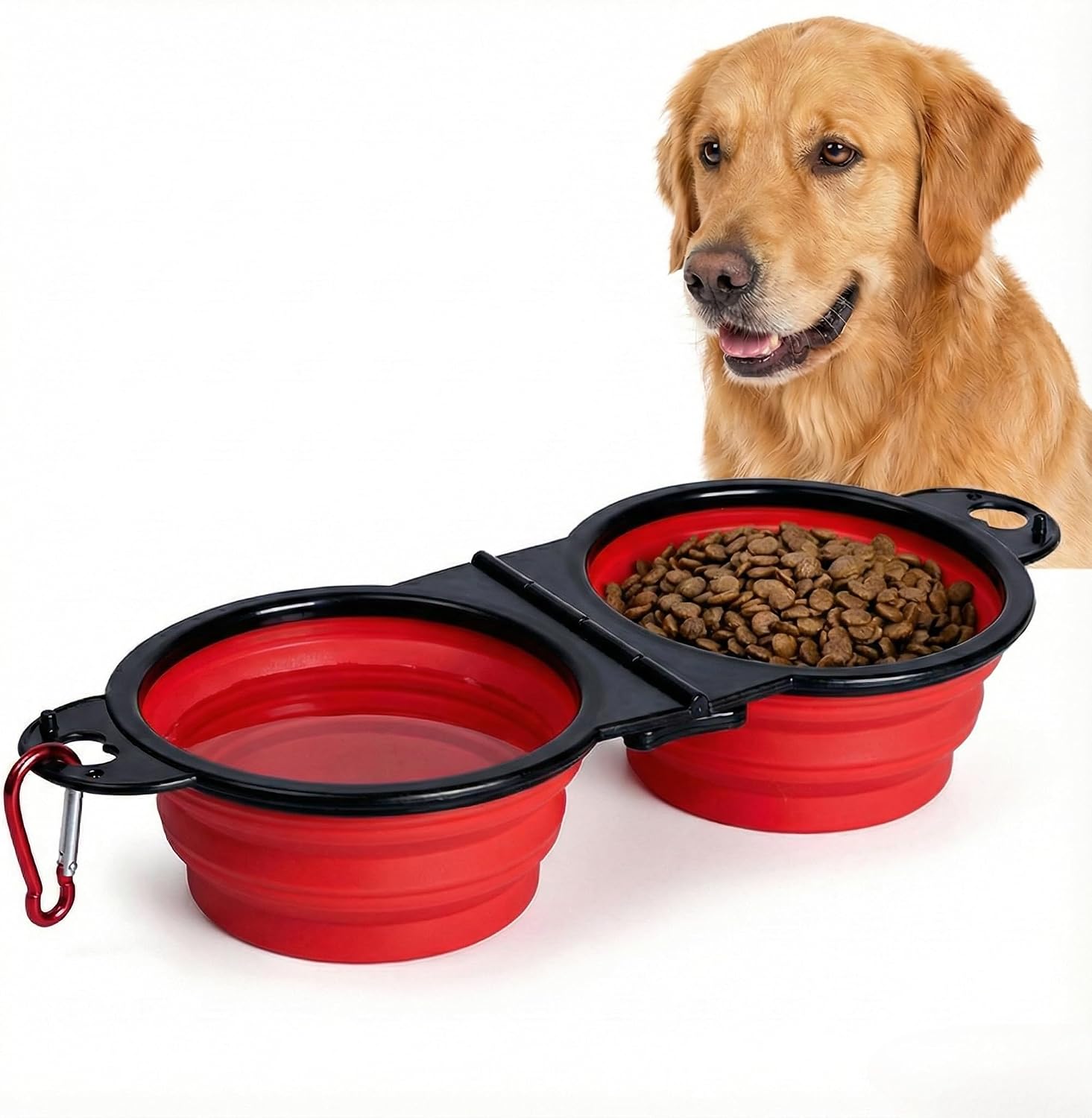 Double Collapsible Dog Bowls for Travel, Food and Water Set with Clip,Red