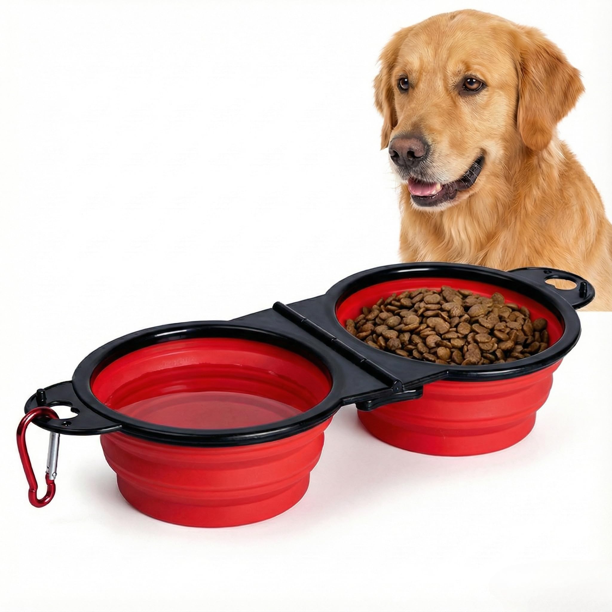 Double gamelle pliable pour chien avec porte-clés – Gamelle d'eau et d'alimentation portable pour animaux de compagnie, pliable et pratique pour chiens et chats, plusieurs couleurs disponibles (rouge)