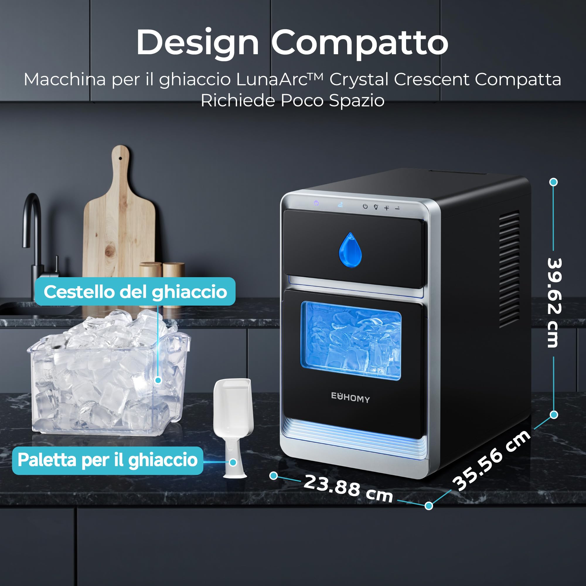 EUHOMY LunaArc™ Macchina Ghiaccio Mezzaluna, 1600Pz/24H Macchina per il Ghiaccio Casa, 16 Cubetti in 12 Min, 1.8L, Autopulente Ice Maker, 3 Dimensioni di Ghiaccio per Whisky/Caffè/Bevande
