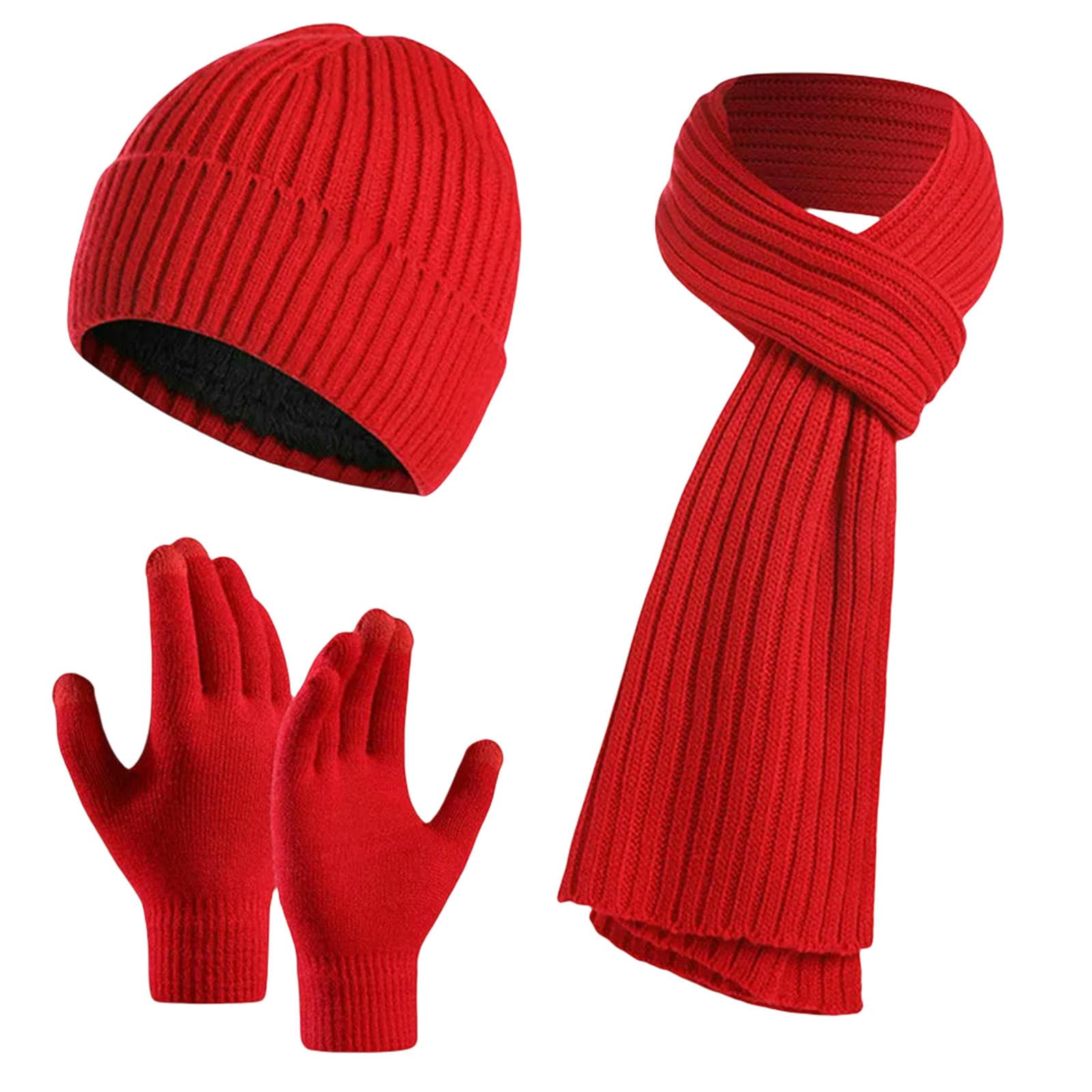 Mütze,Schal & Handschuh-Sets Verdickte Mützen, Schals, Handschuhe, Unisex, Fleece-gefütterte Beanie-mütze, Warmer Winterstrick, 3-in-1-set Für Damen Und Herren-rot
