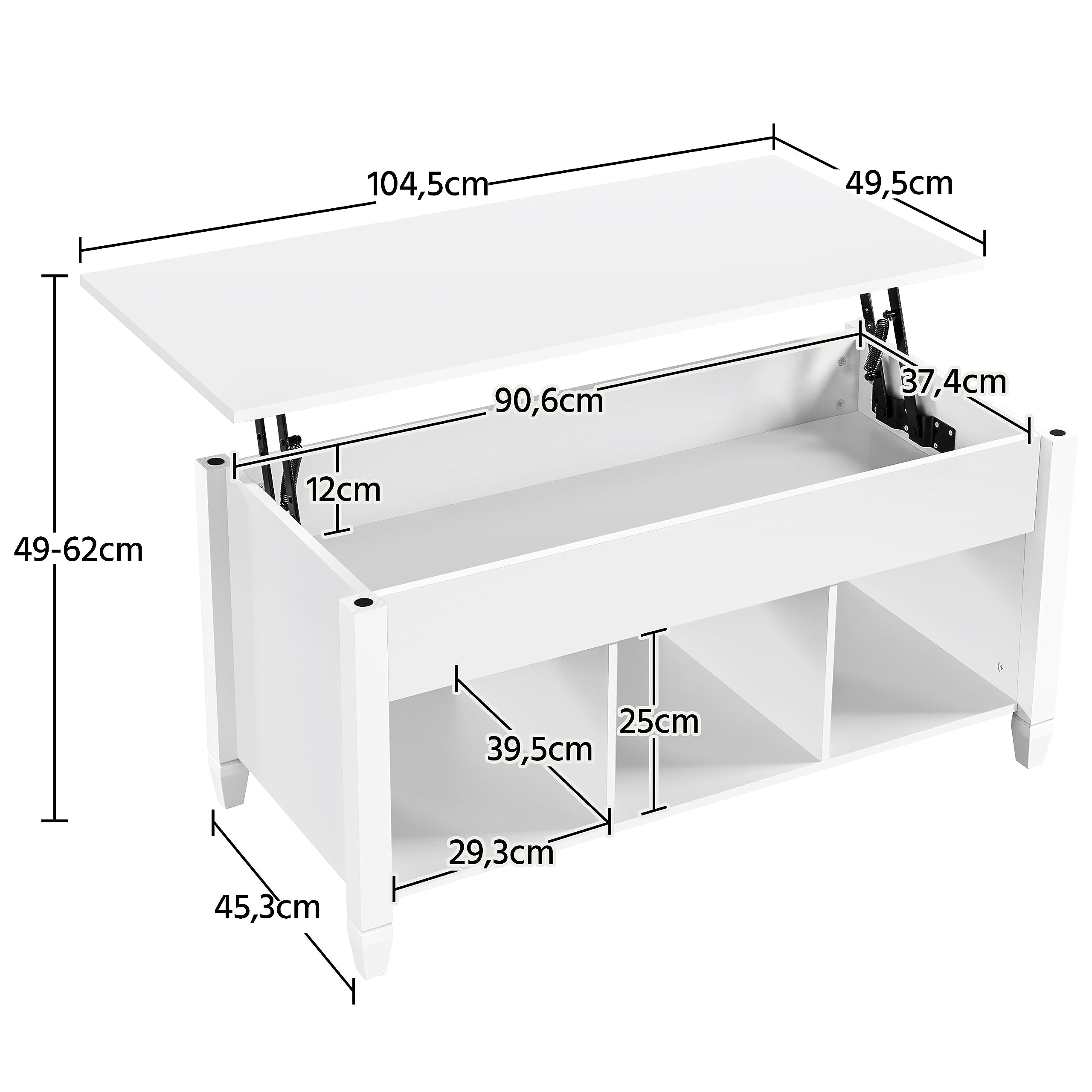 Yaheetech Mesa de Centro Elevable con Cajón 104,5 x 49,5 x (49-62) cm | Mesa de Café para Salón de Estilo Moderno con Patas de Madera Maciza Blanco