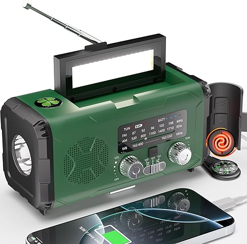 Miniatura 9 de Radio meteorológica de emergencia NOAA AM FM con banco de energía de 10000 mAh y arrancador de fuego, solar/manivela de mano/carga rápida USB-C