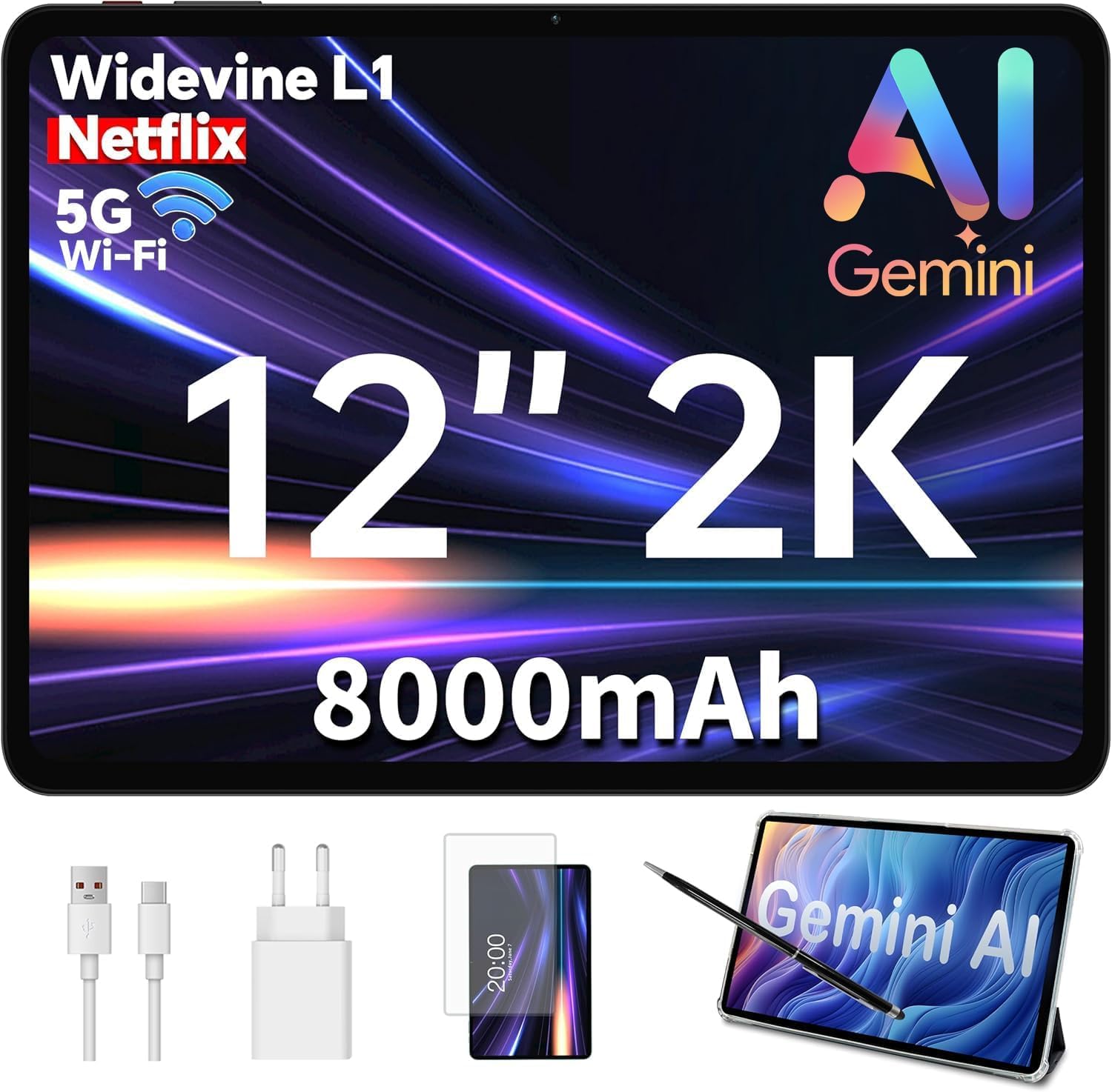 ODEA Tablet 12" Android15, 128GB IPS 2000x1200, 8000mAh 8+13MP con Custodia | con Penna, Gemini AI, TF 5TB, 2GHz Octa-Core, Widevine L1, 5G WiFi, GPS, BT5, OTG, 3.5mm Jack