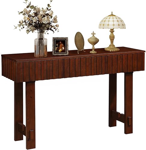 Miniatura 8 de HMFULE Mesa consola de madera maciza de 52 pulgadas para entrada, moderna mesa de sofá detrás del sofá con 3 cajones, mesas de sofá de granja para