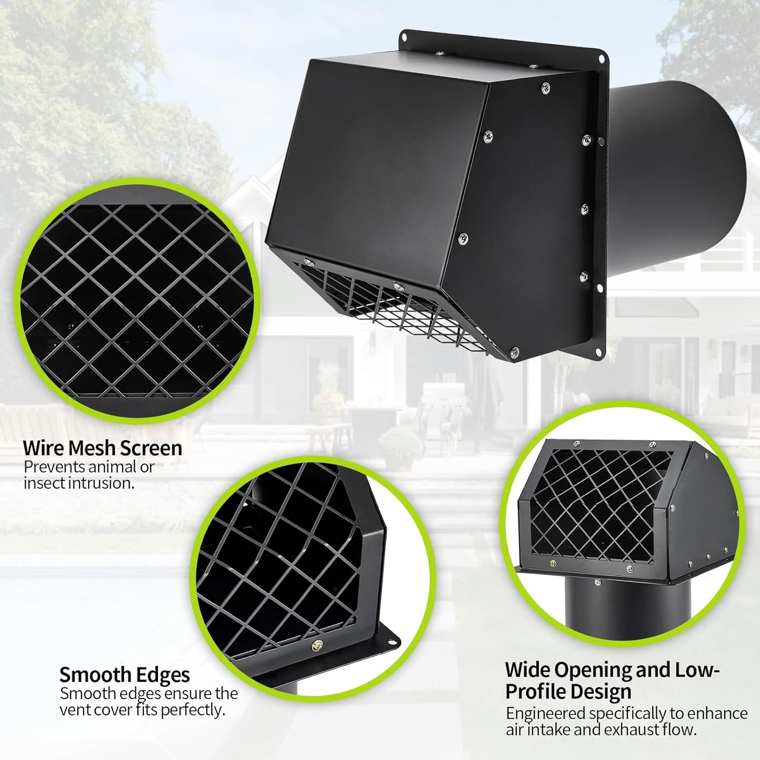 Pindex 6 Inch Dryer Vent Cover Outside,HG Metal Exterior Wall Vent Hood Air Wall Vent with Removable Screen & Cushioned Non-Return Flap for House, Range Hood, AC, Duct, Kitchen, Opening Diameter: 6"