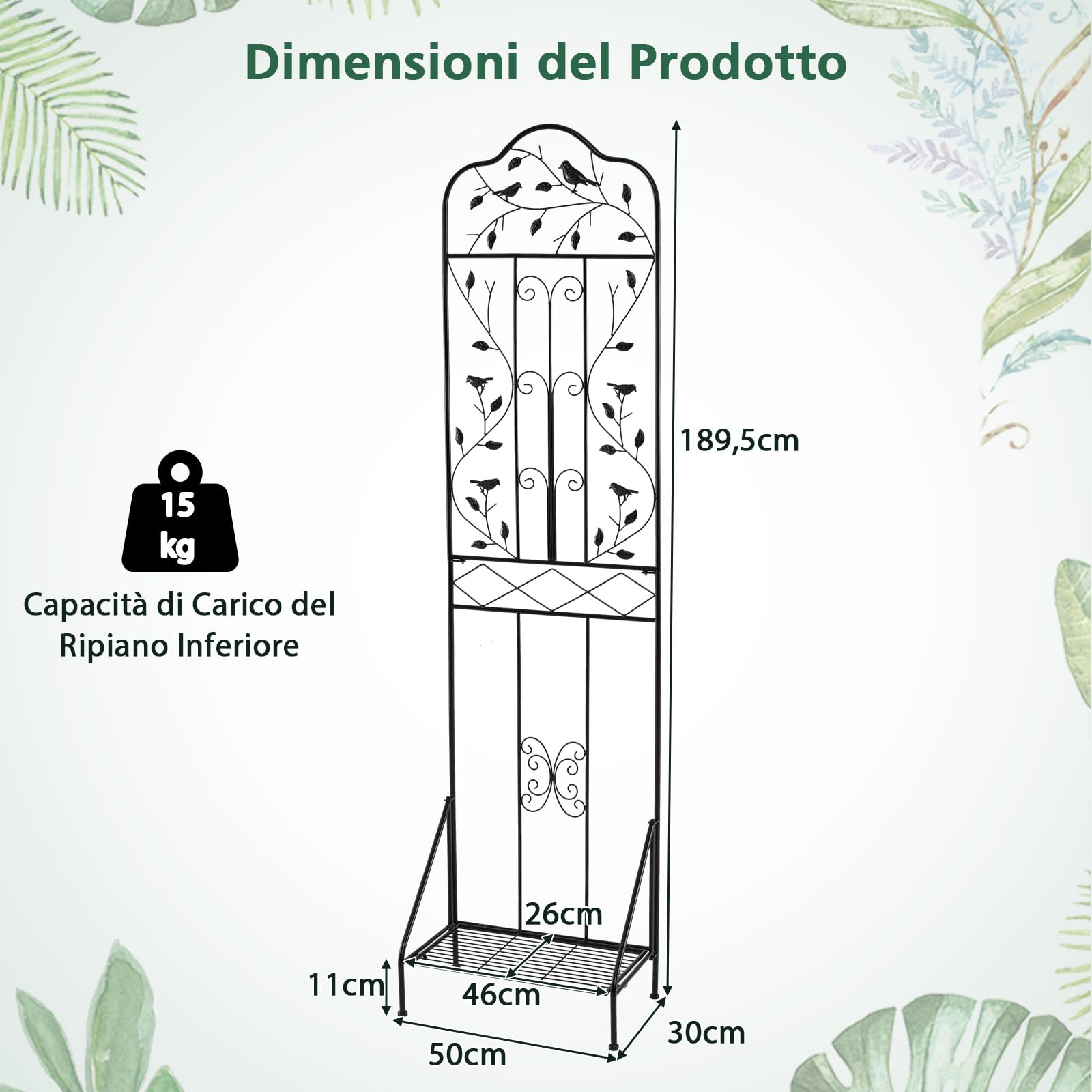 COSTWAY Traliccio per Rampicanti Metallo con Ripiano Pieghevole, Graticcio per Piante da Esterno, Griglia per Piante Rampicanti per Giardino, Cortile e Patio, 50 x 30 x 189,5 cm (Nero,1)