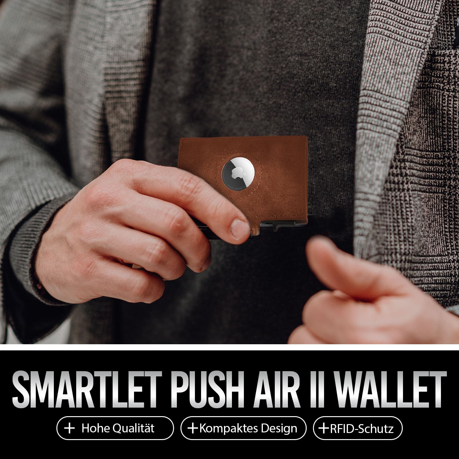 GenTo SMARTLET Push - portfel z kieszenią na monety - metalowe etui - Slim Wallet - sprawdzona ochrona RFID NFC - mały portfel - cienkie wąskie etui na karty, ciemnobrązowy, matowy., SMARTLET PUSH II