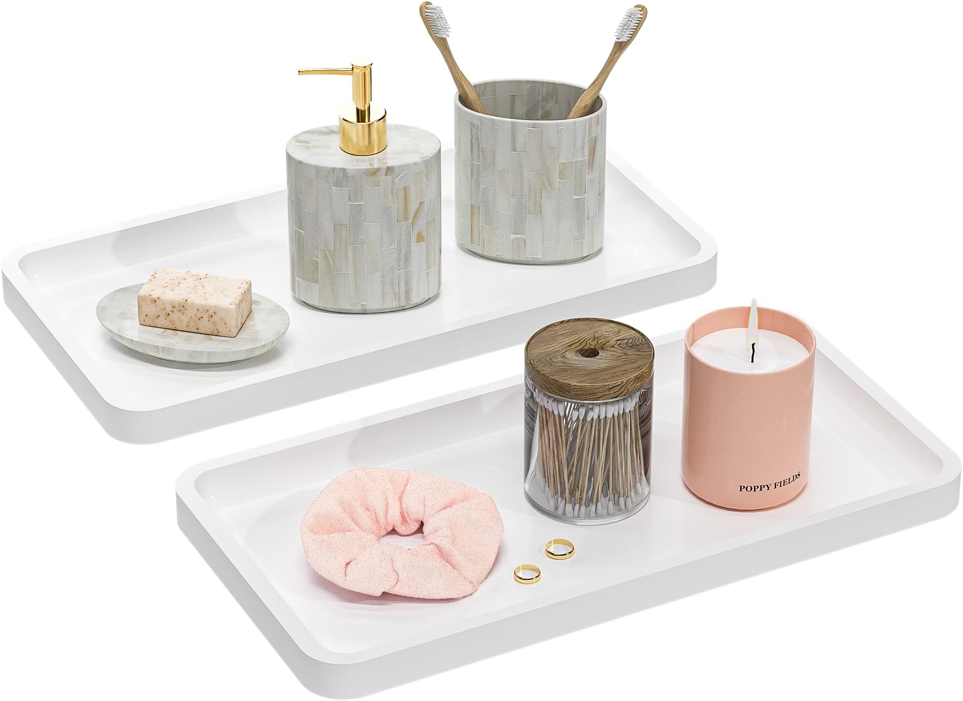 Vanity Trays for Bathroom Organizer Counter Sink Trays - Bamboo Wood Decorative Tray for Dresser Tops for Home Decoration White