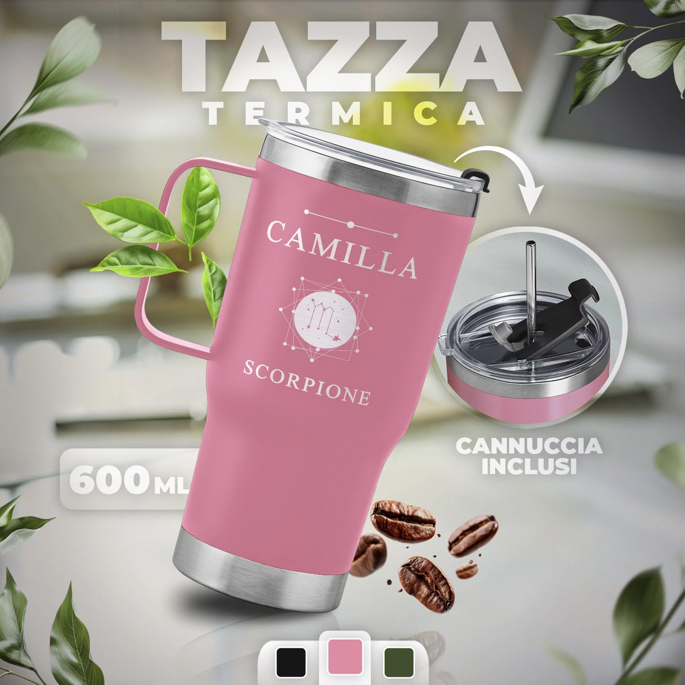 Maverton Tazza termica con manico e cannuccia 600ml - Borraccia con cannuccia acciaio inox - Bicchiere termico rosa - Tazza personalizzata per viaggio accessori utili - Idee regalo donna compleanno