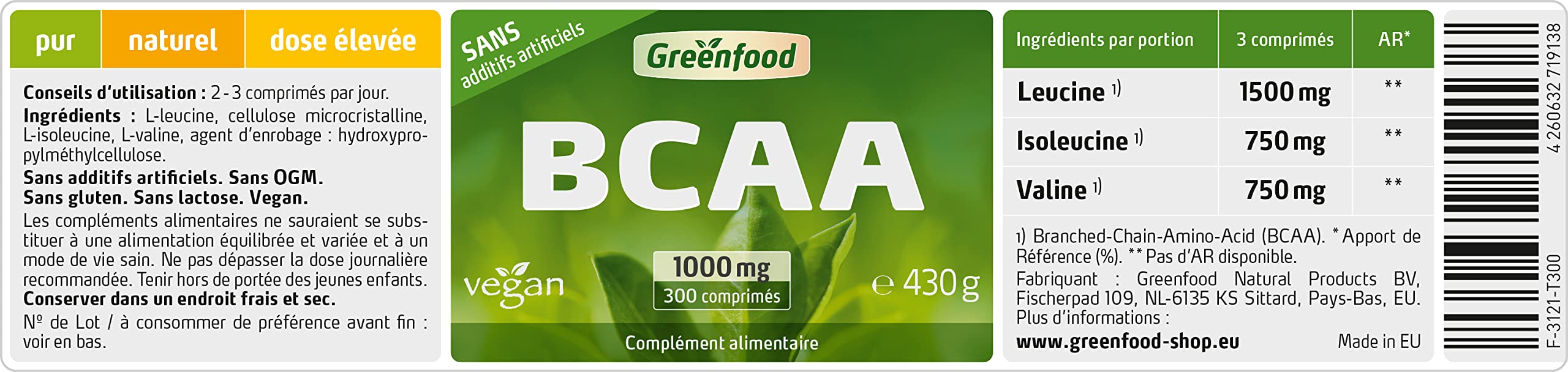 Greenfood BCAA, 1000 mg, 300 comprimés - SANS additifs | Précurseur des protéines, favorise la croissance et le maintien musculaires. Haute biodisponibilité, vegan, testé