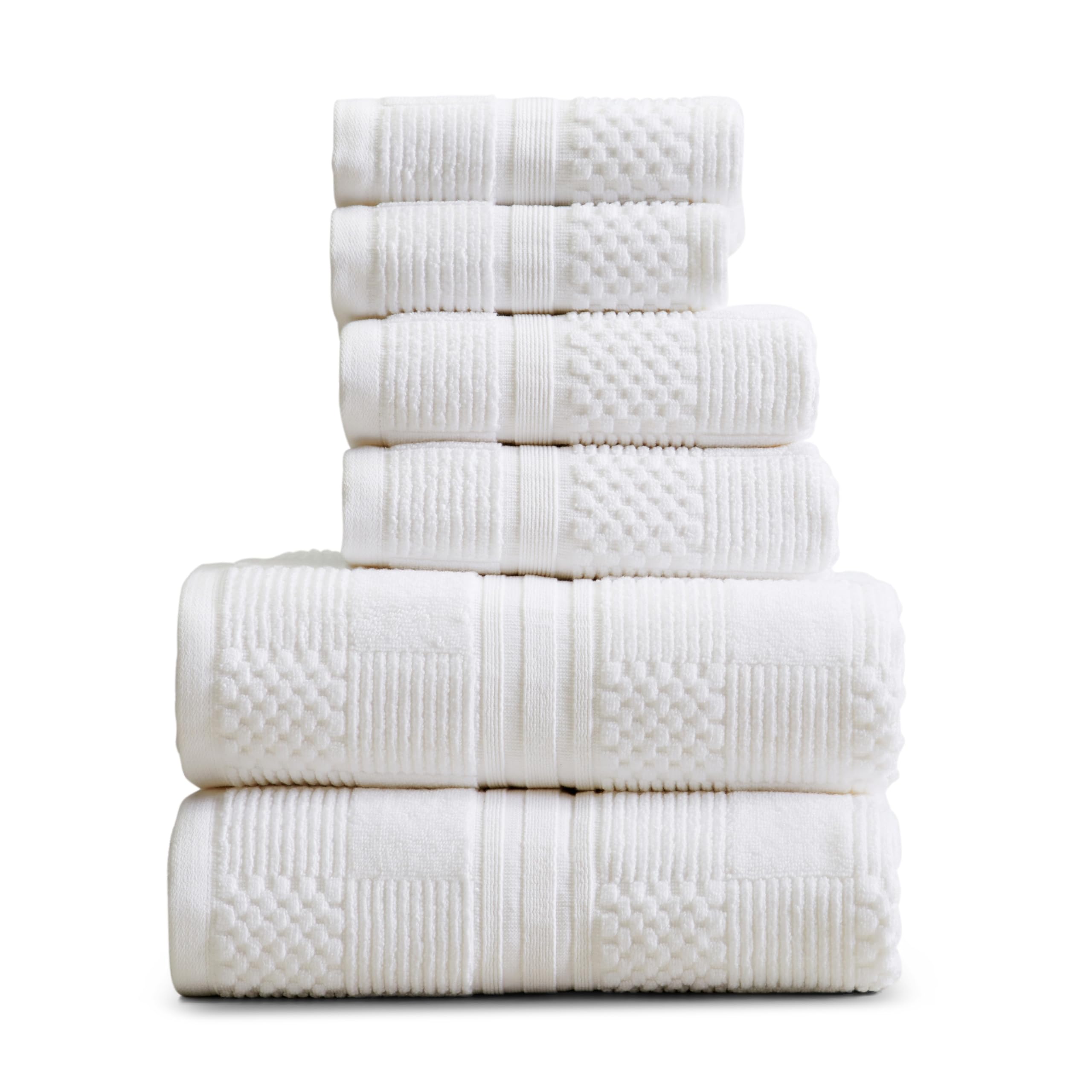 Springtree Home 100% Cotton Bathroom Towel Set | 6 Piece Set - White Towels | Geometric Textured Design | Absorbent & Quick-Dry | Oeko-TEX® Standard