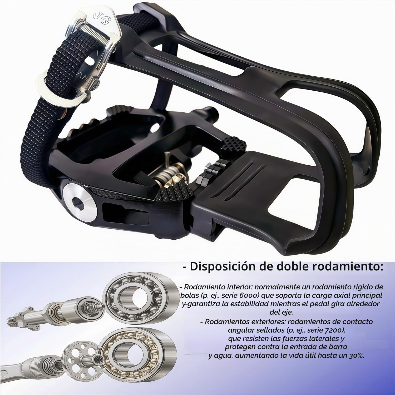 YBEKI Pedales de Gama Profesional para Bicicleta Estática – sin Clips + Calapiés y Correa – Compatibles con Peloton, Schwinn, Sunny y la mayoría de Bicicletas de Interior – Eje de 9/16″