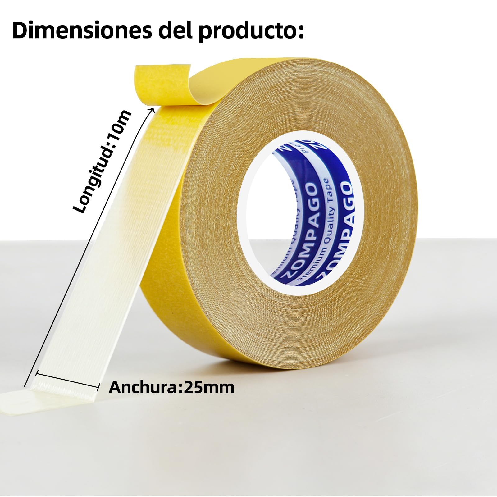 ZOMPAGO Cinta de alfombra doble cara 10m, adhesivo fuerte, sin residuos, fácil instalación. Ideal para suelos de madera, baldosas y alfombras, uso hogar y oficina, 2.5 cm de ancho