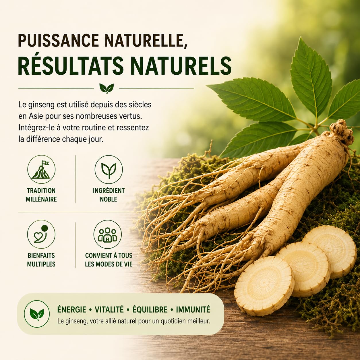 Ginseng racine entière | Détox Tisane: Énergie, Vitalité, Focus, Gestion Stress, Renforce le système immunitaire | Plante traditionnelle thérapeutique asiatique millénaire | 100g