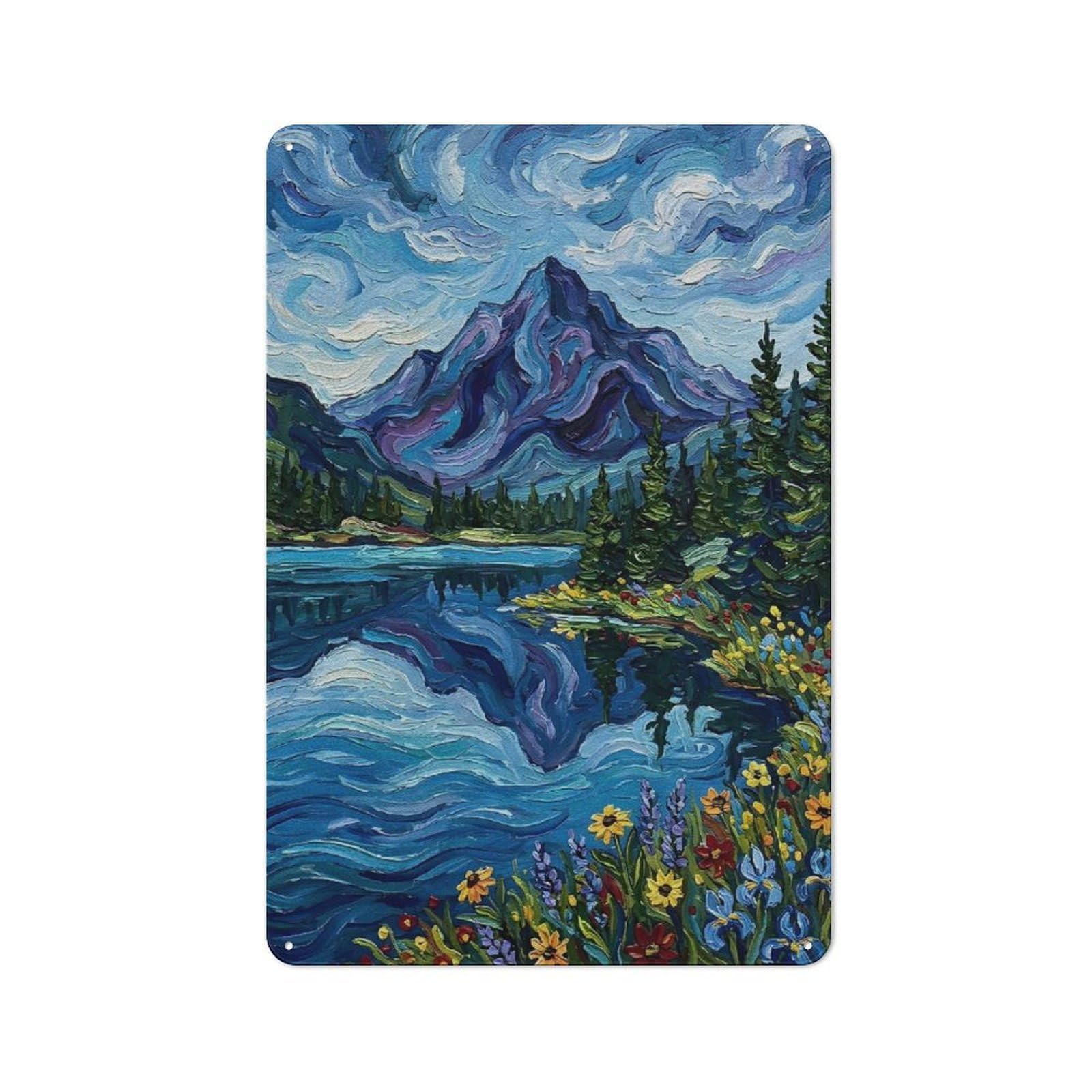 Junmoney Style Impressionist Mountain Lake Landscape Printed Metal Sign 30X20cm For Café Or Home Bar, For Kitchen And Home Bar Decor, For Cafés, Pubs And Restaurants