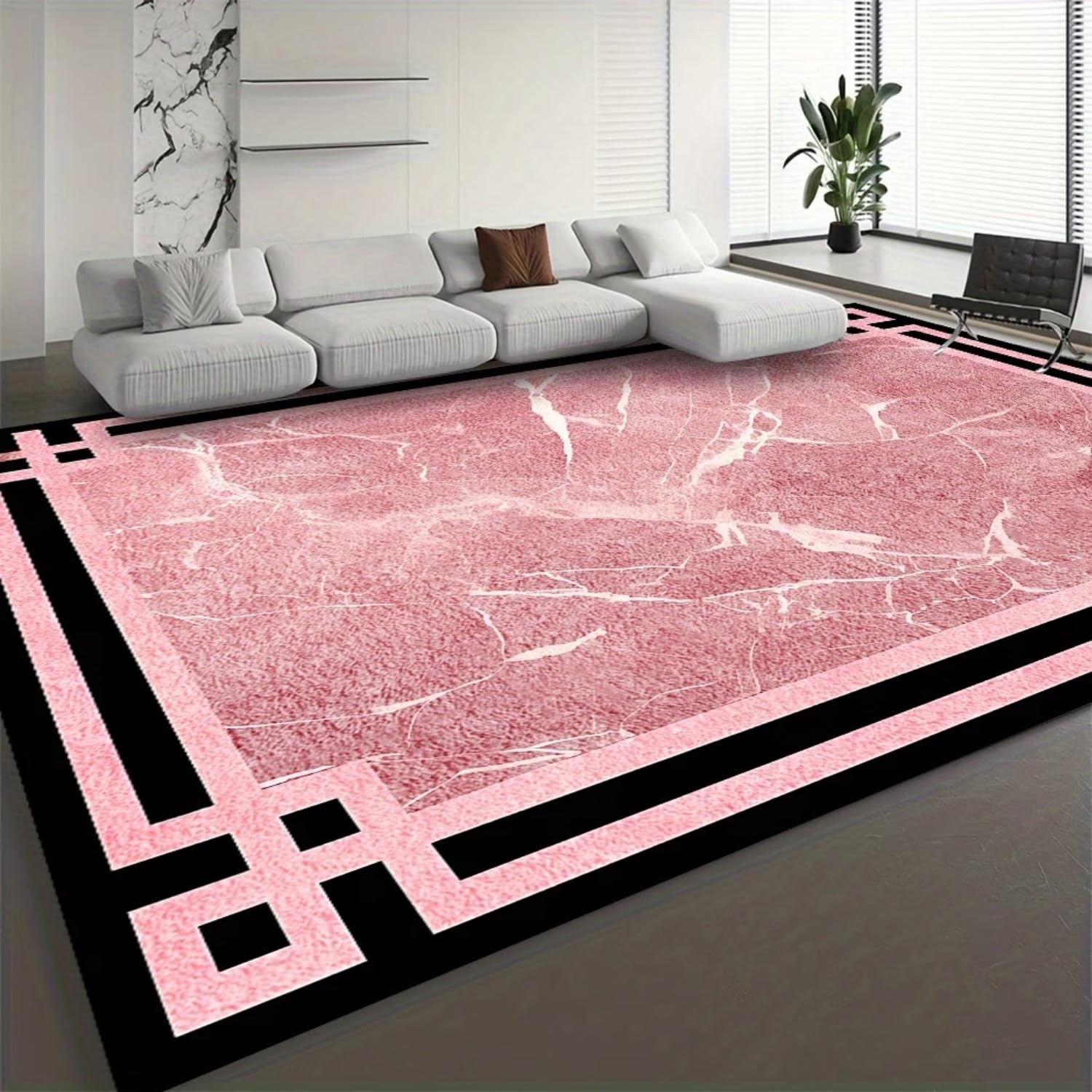 USHIRUG Pink Marble Effect Area Rug, 120x180cm Modern Abstract Floor Carpet With Black Geometric Border for Living Room, Large Blush Washable Non-Slip Pink Rugs for Bedroom Lounge Decor Dining Room