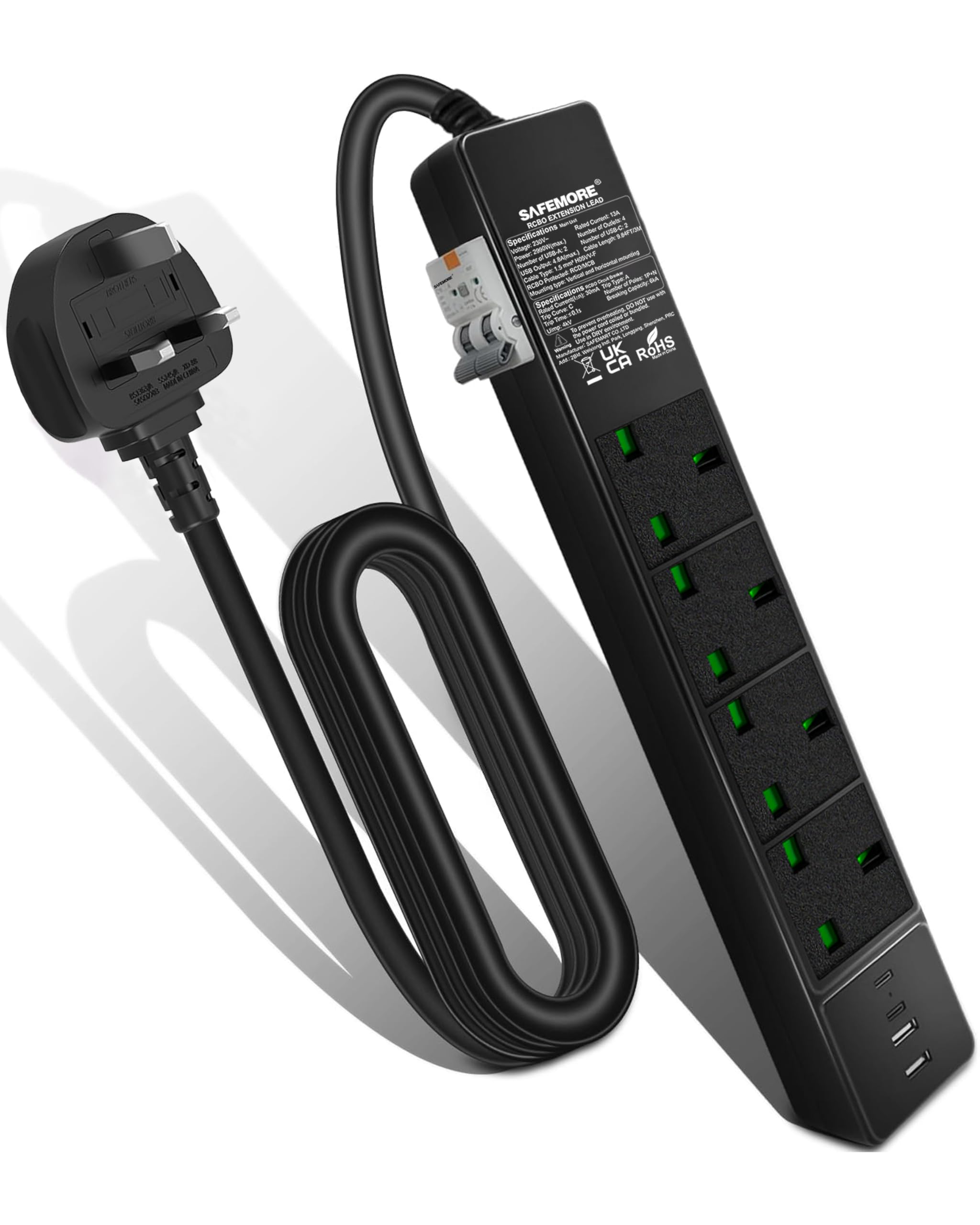 SAFEMORE 4-Gang RCD Extension Lead with 4 USB Ports (2x USB-C & 2x USB-A, 4.8A) - 30mA RCBO Protected, 13A Wall Mountable Heavy Duty Extension Cord, 3M UK Power Strip for Home & Workshop, Black