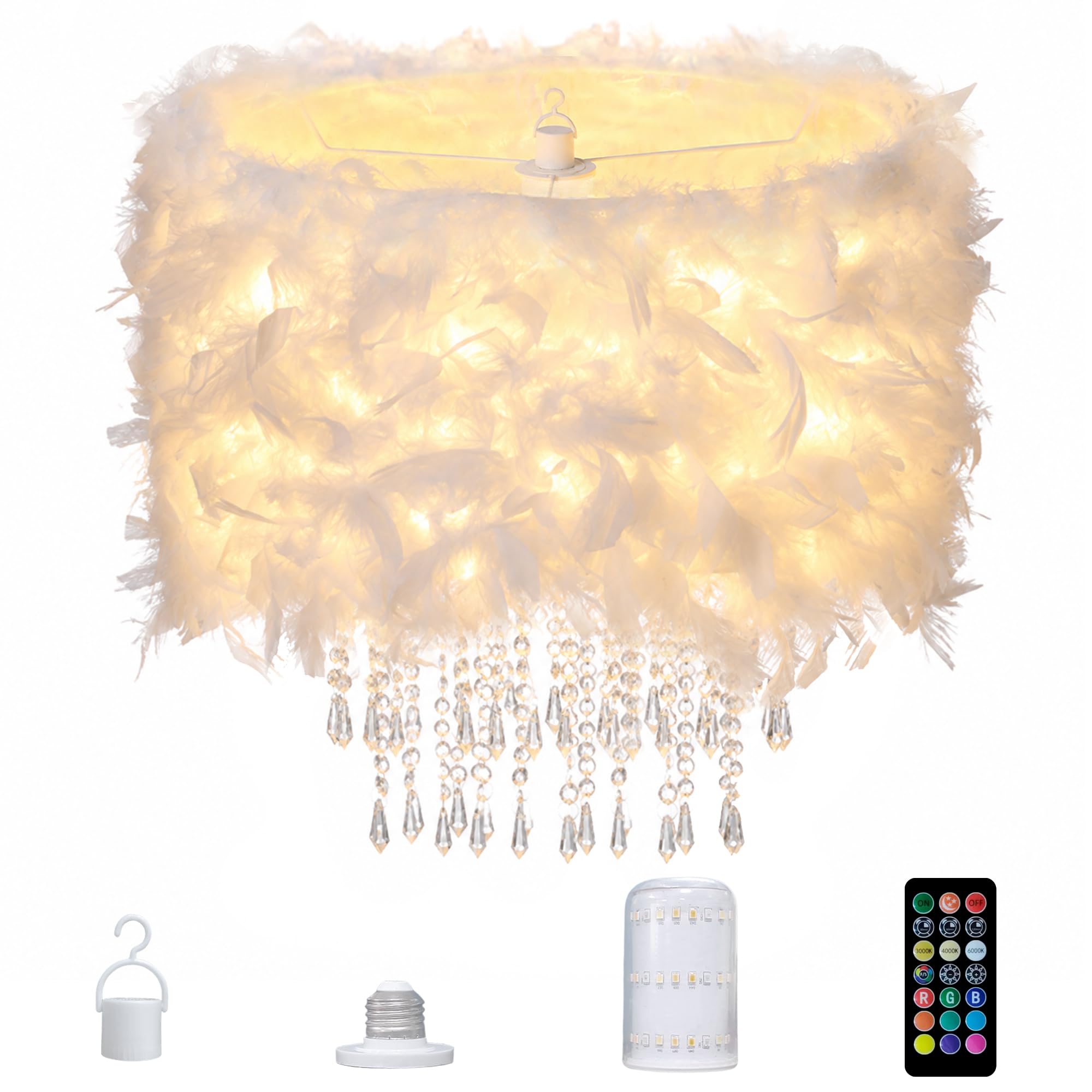 Star Vision Portable Rechargeable Lamp with Feather Lampshade Acrylic Bead Chains, Modern Style, 40cm, White