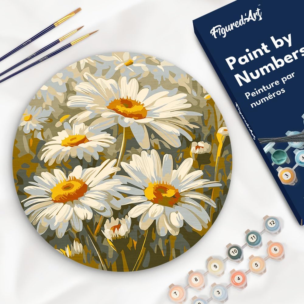 Figured'Art Paint by Numbers Kit for Adults on Wood Slice, 11.8in Diameter - Daisies - Craft Art Painting DIY Canvas