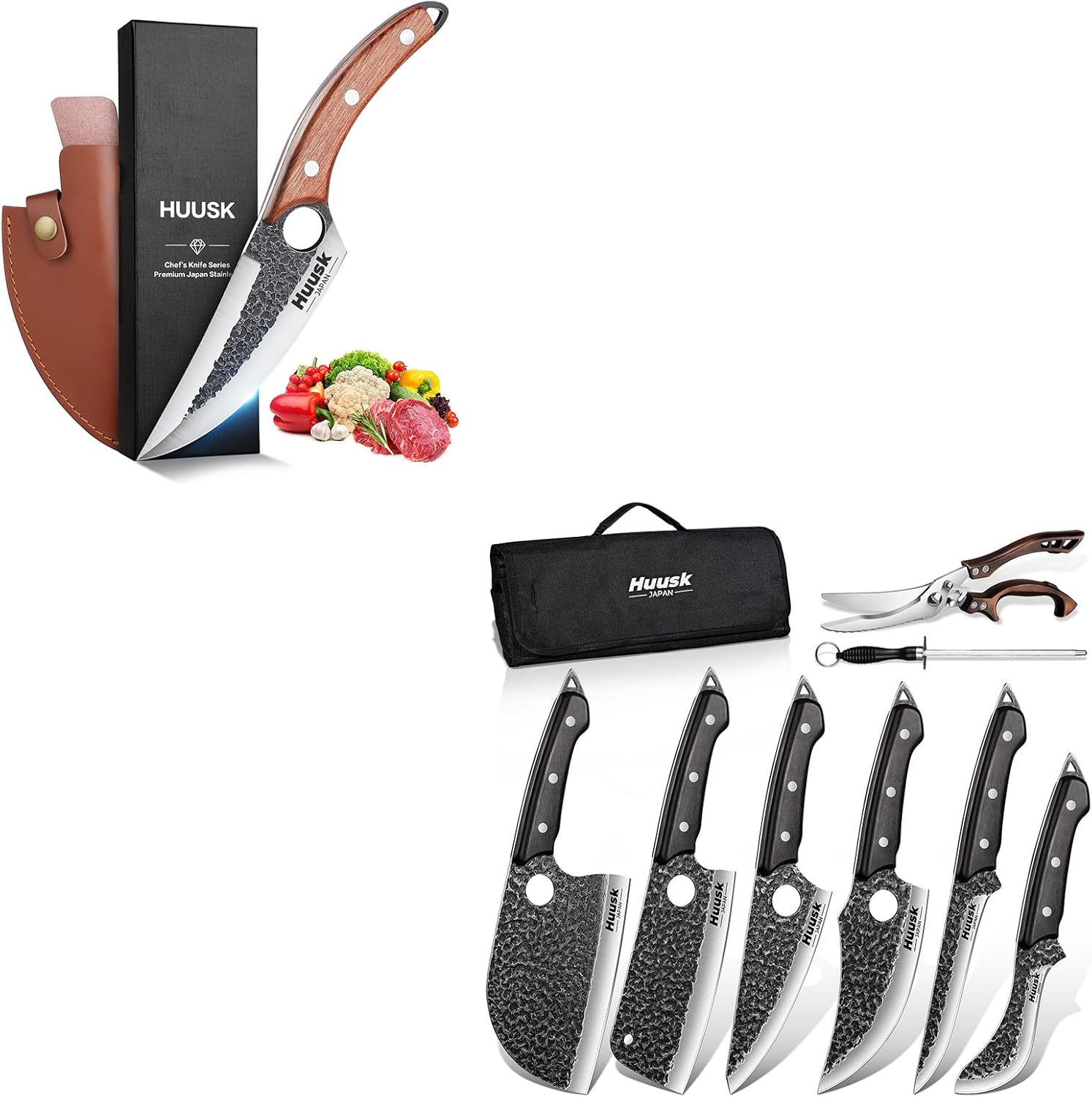 Huusk Serbian Chef Knife Set - 6Pcs Bundle with a Hand Forged Butcher Boning Knife,Viking Boning Knives with Bag for Kitchen Outdoor BBQ Camping,Birthday Gift Idea Men