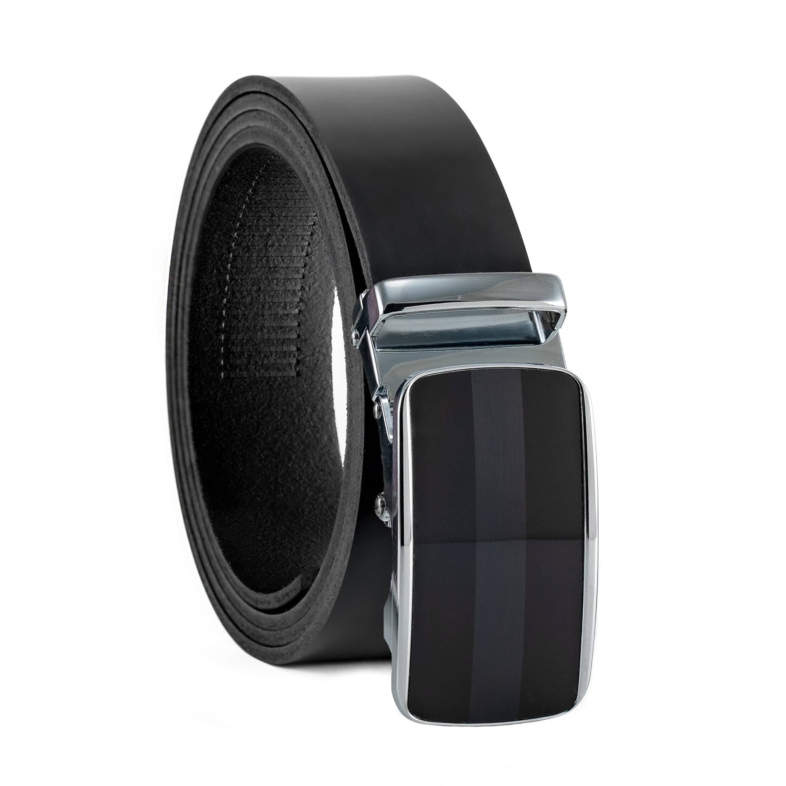 Fa.volmer Unisex 06-Blk-Genova ® Men's Genuine Leather Belt With Ratchet Automatic Buckle Width 35 Mm Waist Size 125 Cm Can Be Shortened Strap Colour Black Model Series Atg, 125 Cm