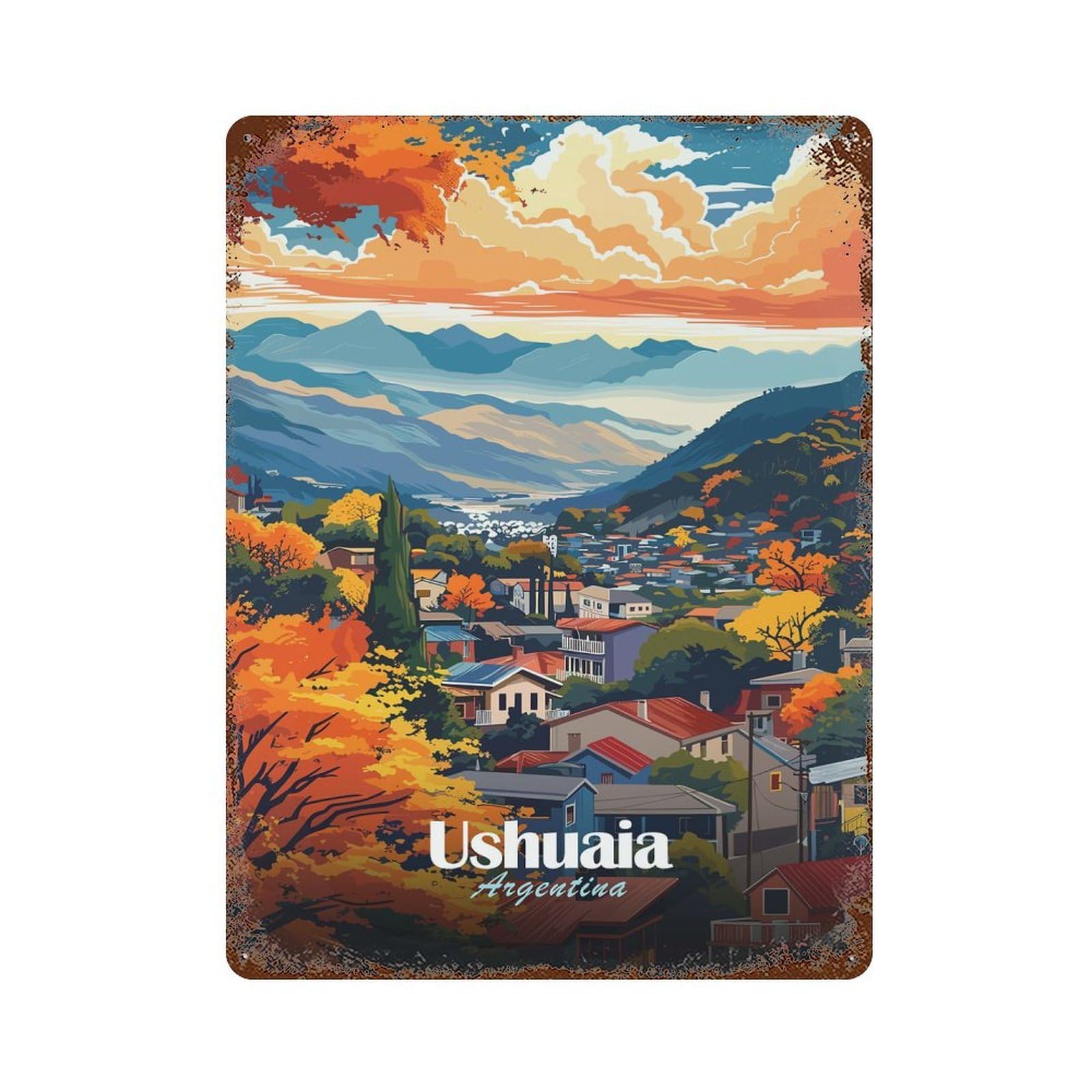 Rust Effect Ushuaia, Argentina, Scenic Landscape Art Rusty Metal Tin Sign 15.7"x11.8", Old School Wall Decor for Cafe, Home Bar And Lounge Decor