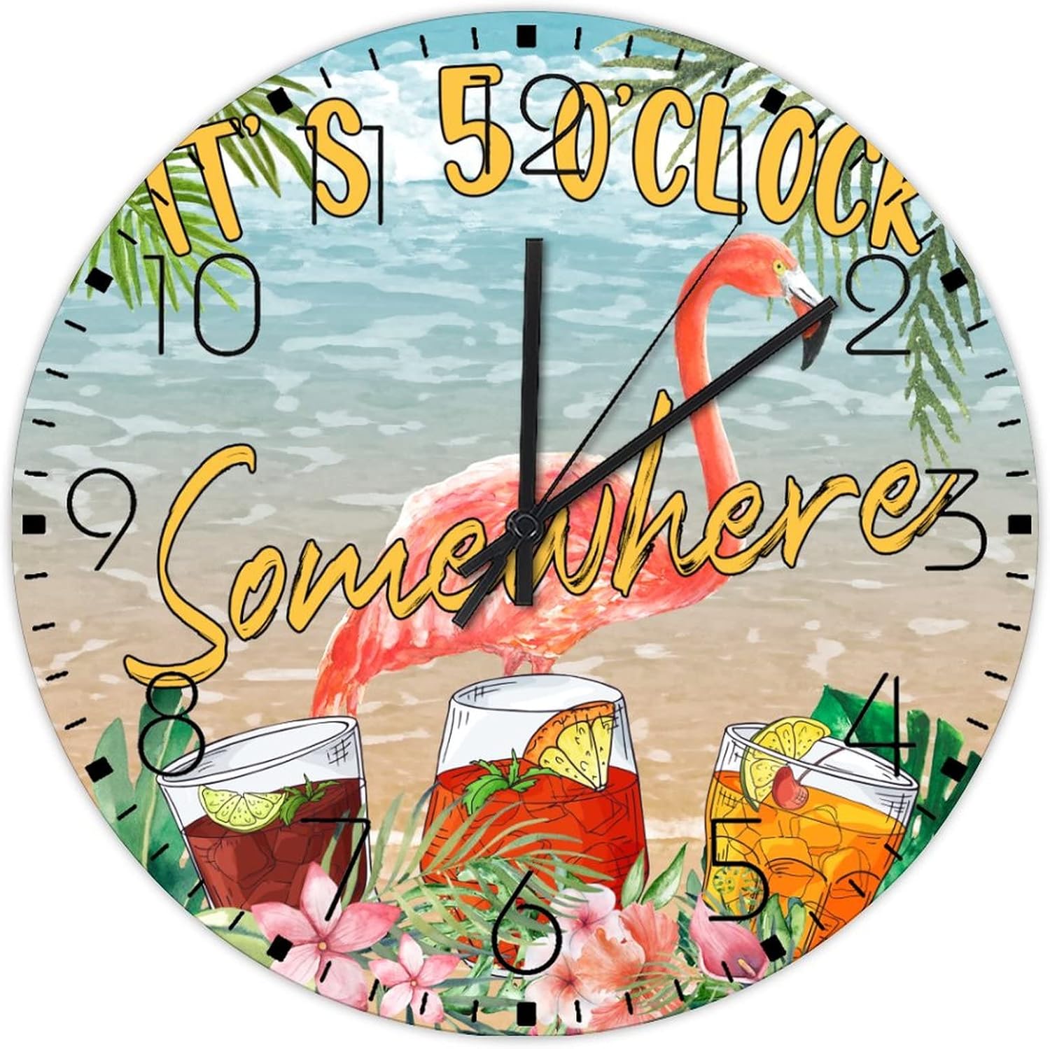 Minimalist Wood Clock Battery Operated Non Ticking Analog It's Five O'clock Somewhere Decorative Wall Clocks Beer Bar Club Glass Flamingo Home Decor for Study Room Classroom Dining Room 15 Inch