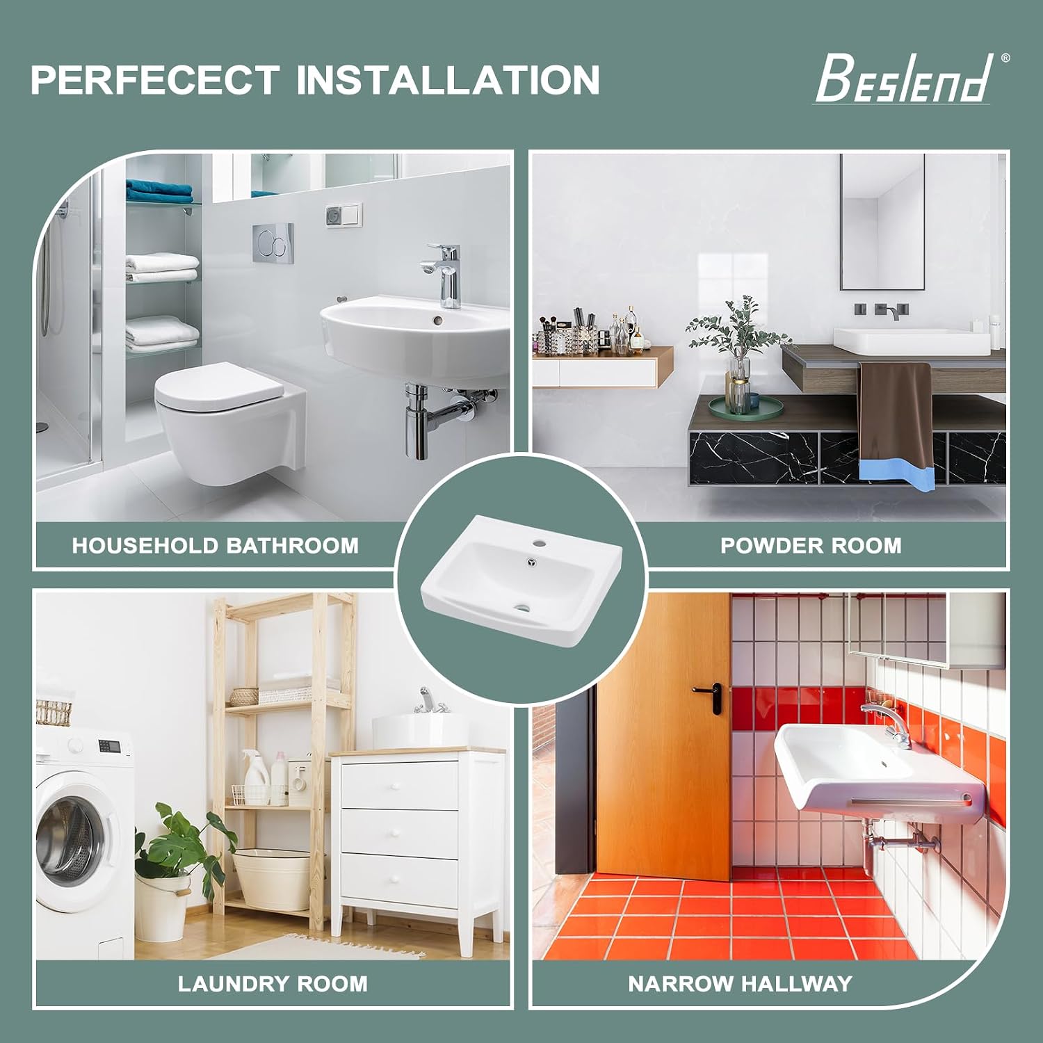 Floating Wall Mount Sink, Small Space-Saving Bathroom Sinks - Beslend 17"x14" Inch White Ceramic Vessel Sink, Rectangular Bowl White Art Basin with Overflow and Single Hole