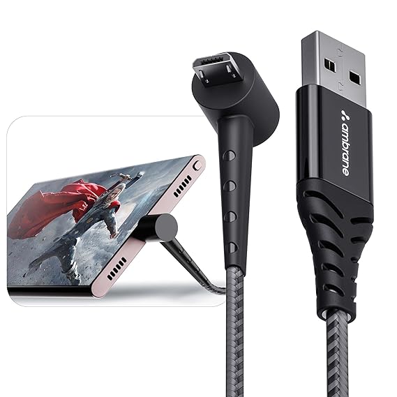 Ambrane Micro USB Standing Cable, 3A Fast Charging, Perfect for Holding Mobile while Charging/Binge-Watching, 480mbps Data Transmission, Braided Cable - 1.5m (ABSM-15 Black)