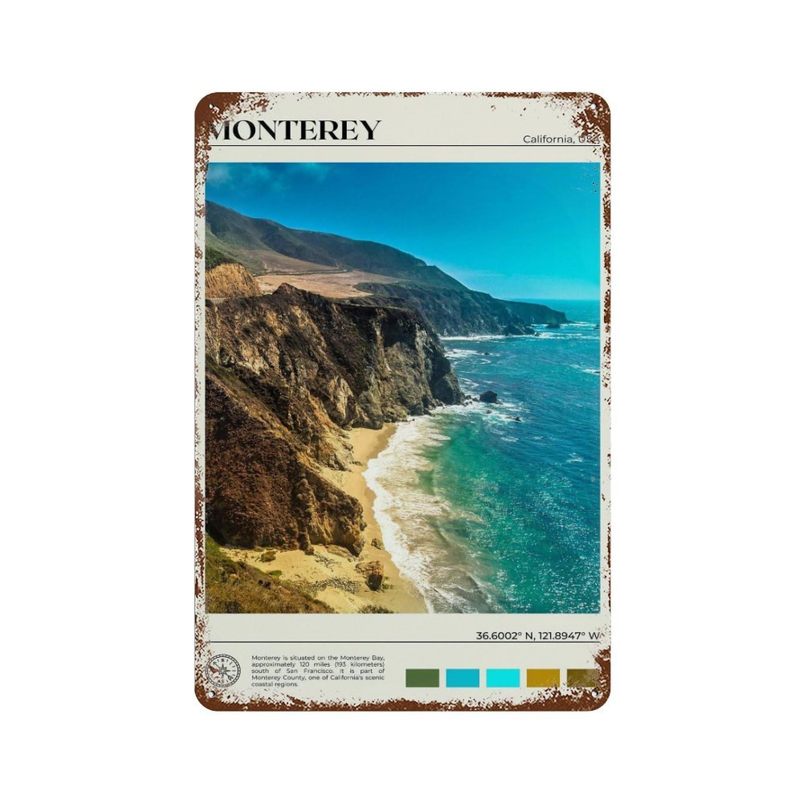 xiaoxiaoshen Real Photo Monterey Decor California Wall Decor Art Metal Tin Poster Modern Home Decor Art Home Bar Shop Decorations Vintage Sign 30x20cm