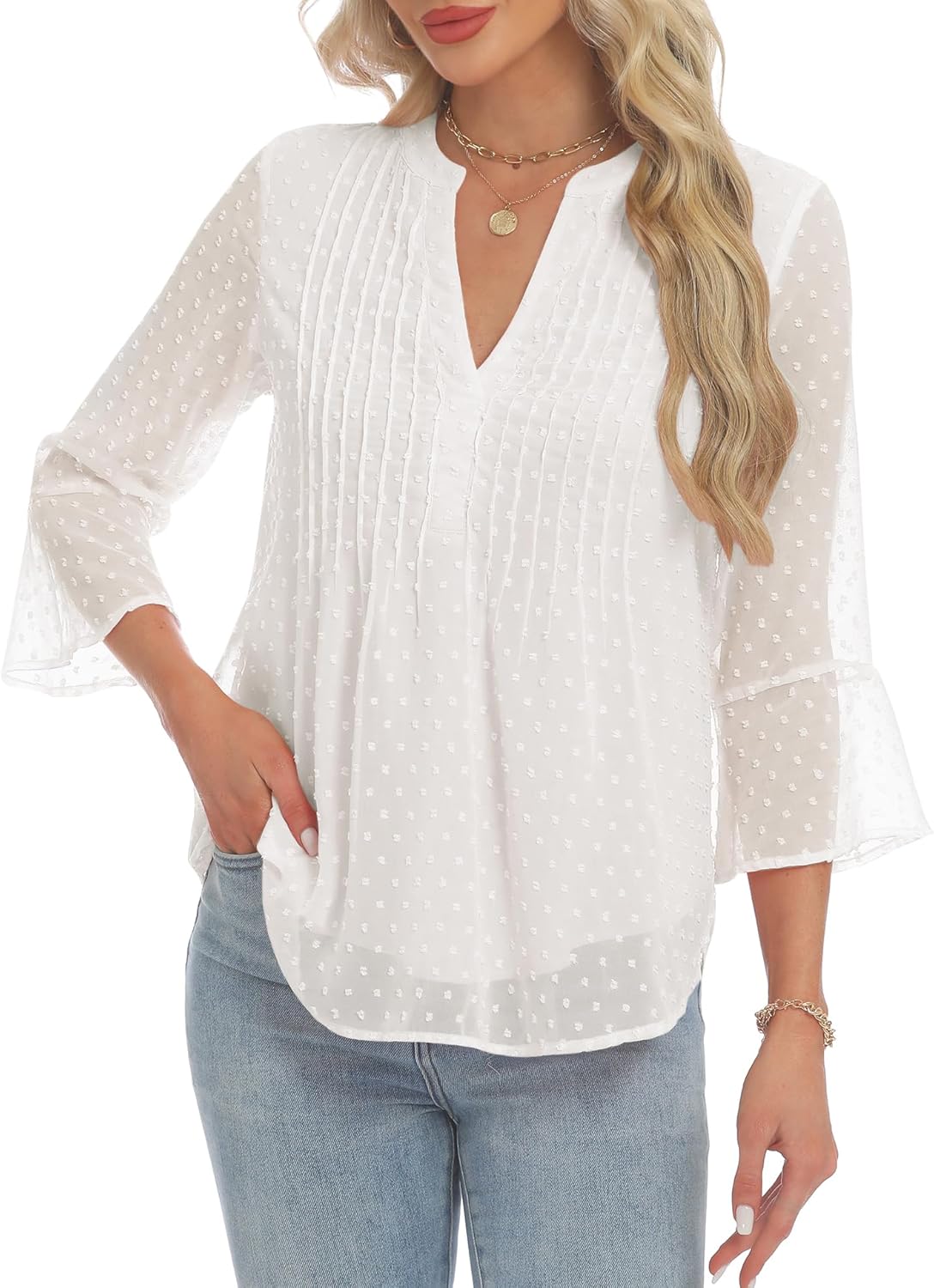 AIMCOO Blouses for Women Dressy Casual 3/4 Sleeve Tops for Women Swiss Dot Double Layered Chiffon Work Tunic Shirts - Image 2