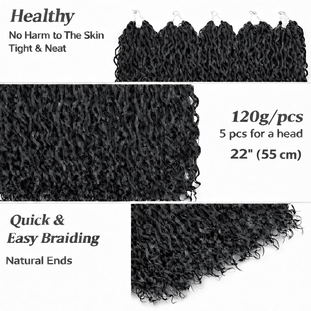 Faux Locs Curly Boho Braid Hair - Haarverlängerungen zum Flechten mit Crochet im Echthaar-Look Kanekalon - 600 g 120 Strähnen auf 5 Stück + 3 Zubehör inklusive (1B, 22" 45cm)