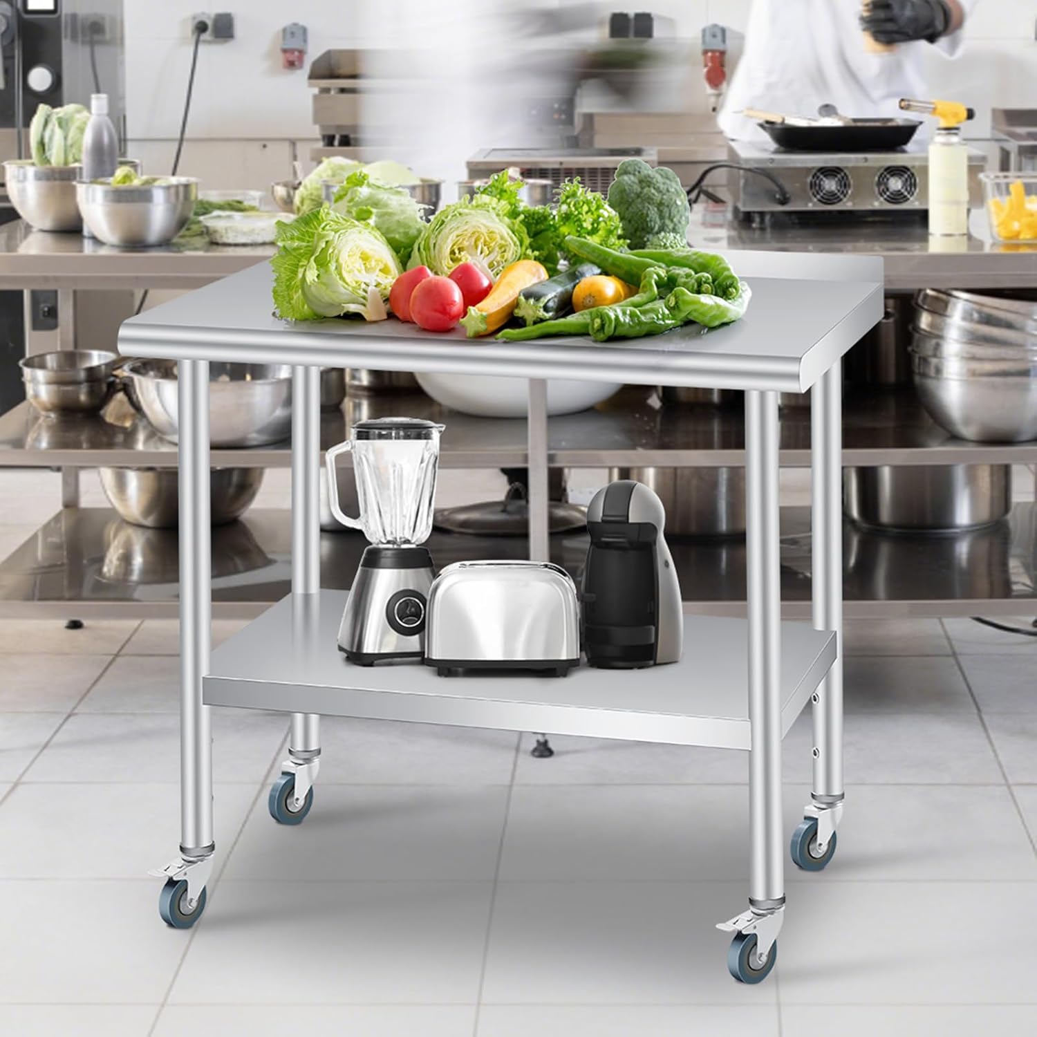 Stainless Steel Prep Table, 36 x 24 in, with Backsplash, Adjustable Undershelf and 4 Caster Wheels, Commercial Heavy Duty Table with Adjustable Under Shelf for Outdoor Use,Restaurants