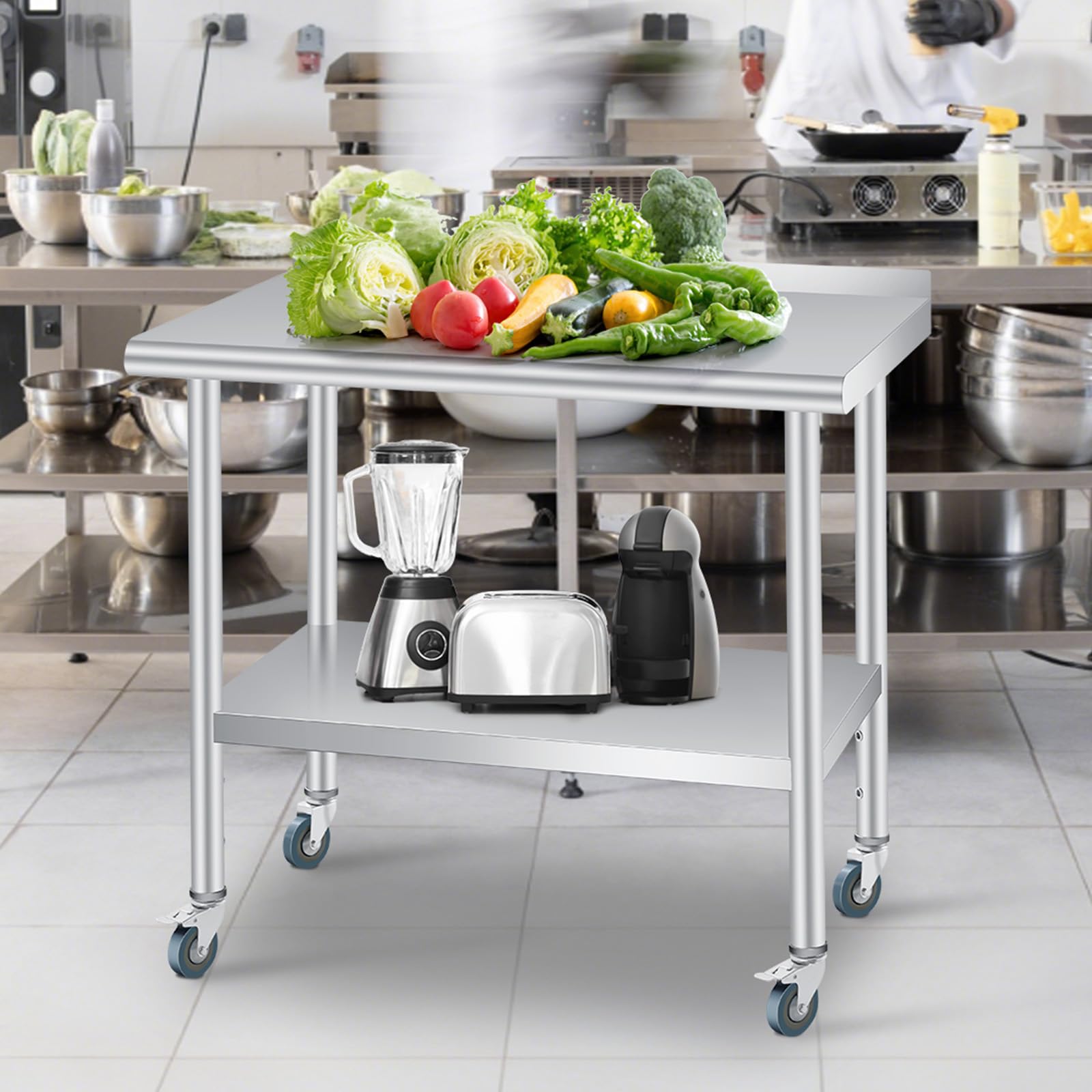 Mesa de preparación de acero inoxidable, 36 x 24 pulgadas, con protector contra salpicaduras, estante inferior ajustable y 4 ruedas giratorias, mesa comercial resistente con estante inferior ajustable