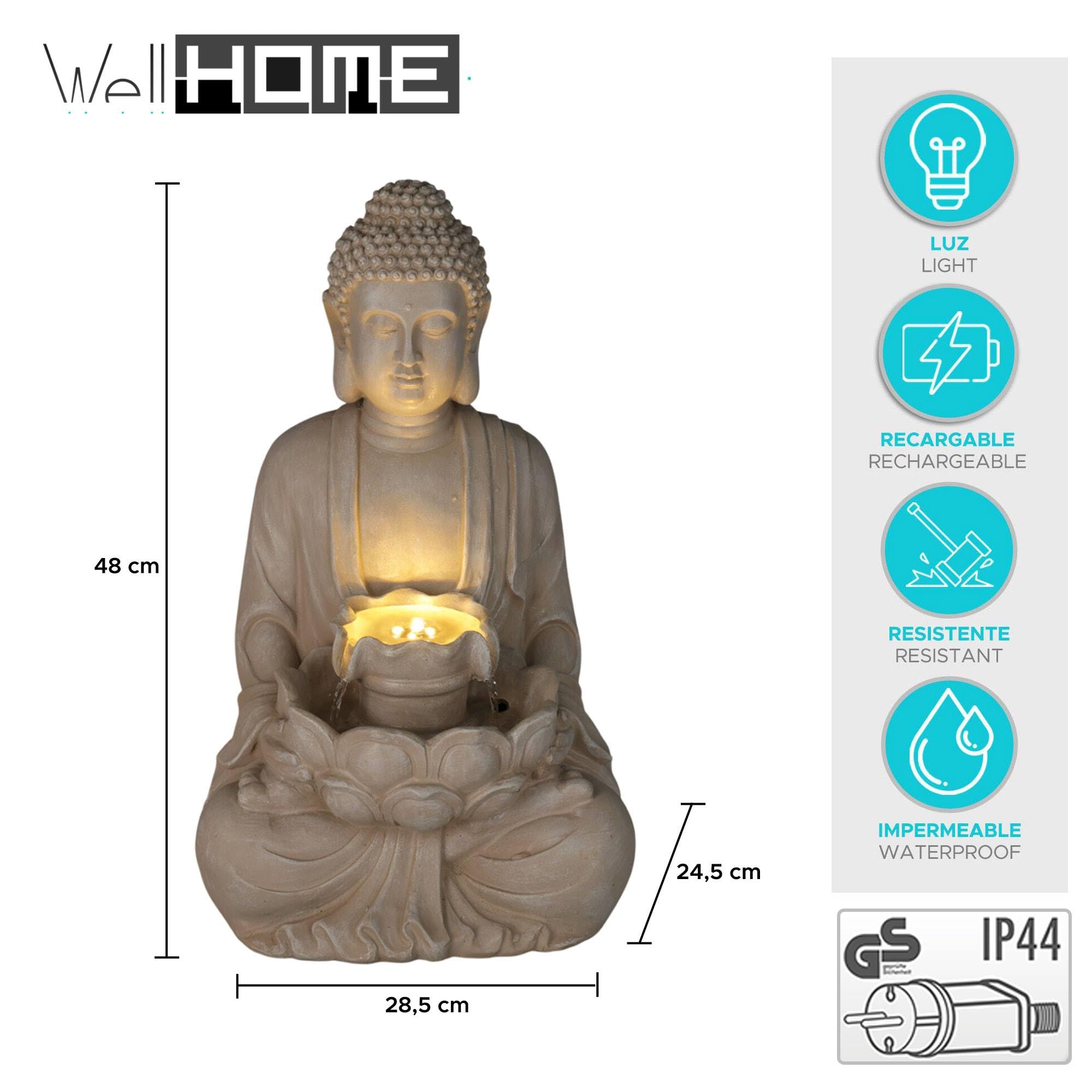 Well Home Fontaine Bouddha Couleur Sable avec lumières LED pour Espace extérieur 28,5 x 24,5 x 48 cm