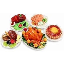 Miniature Food 1/6 Scale Set, Realistic Dollhouse Food Set of 5 Plates, Turkey Roast, Ham, Steak, Ribs & Pumpkin Pie, Mini Food for Dollhouse Kitchen Diorama Accessories and Thanksgiving Day Dinner