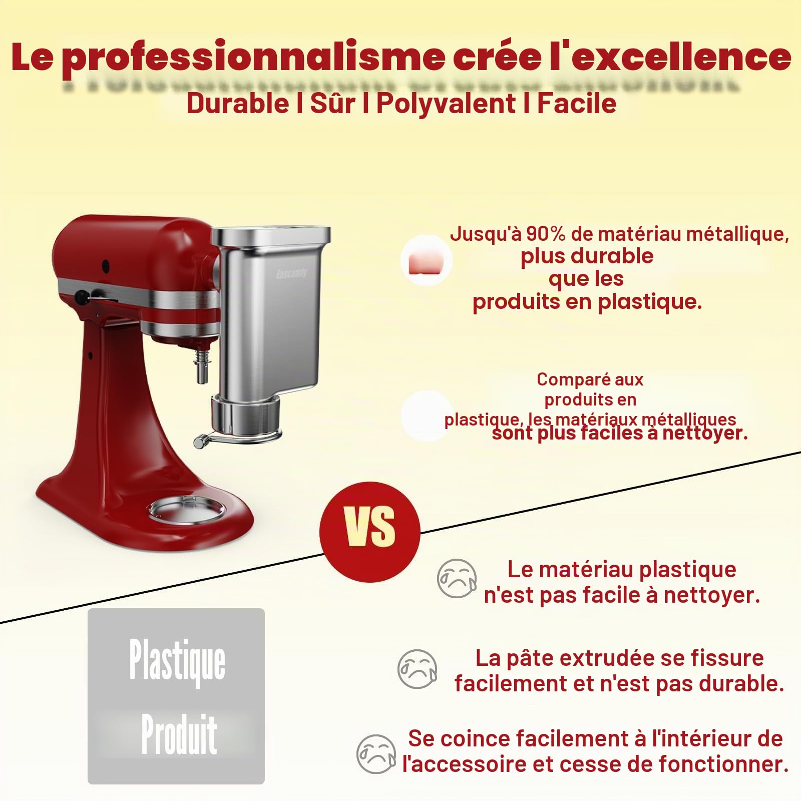 Eascandy Presse à pâtes gourmet en métal pour batteur KitchenAid - Accessoire durable en métal avec 5 plaques interchangeables pour pâtes fraîches maison