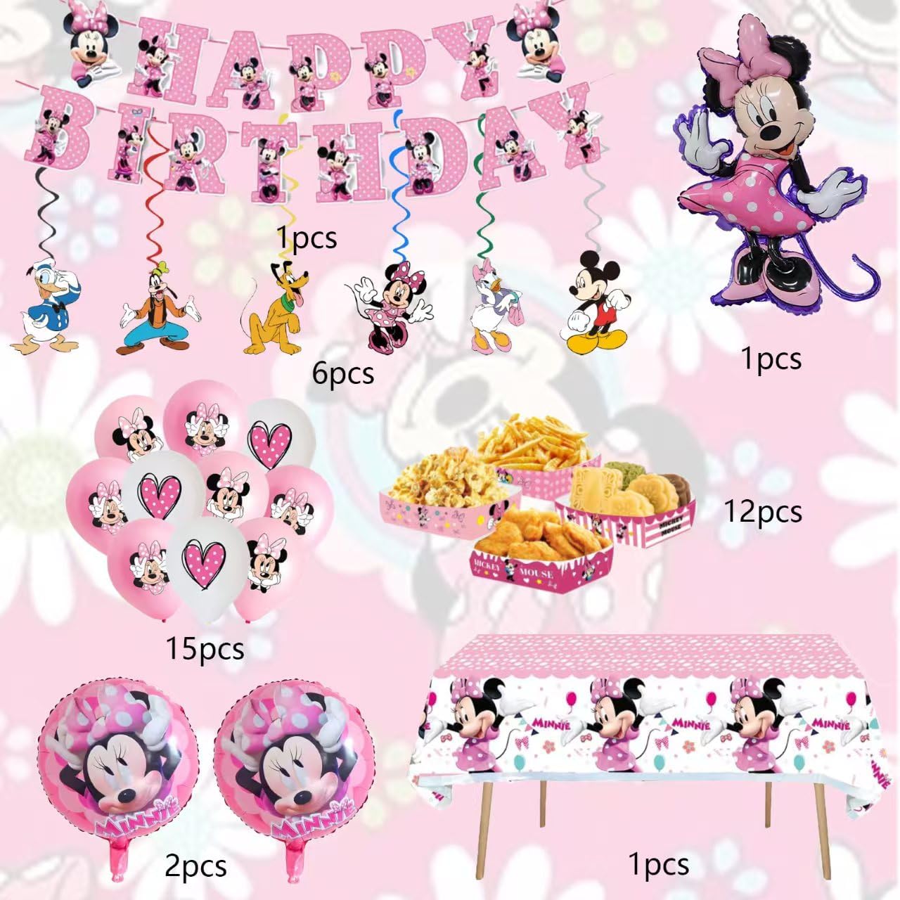Minnie Party Supplies,38 PCS Birthday Decorations Set Include Banner, Balloons, Disposable plates, Hanging Swirls, Cake Cupcake Toppers, Tablecloth for Boys Girls Minnie Theme Party - Image 2
