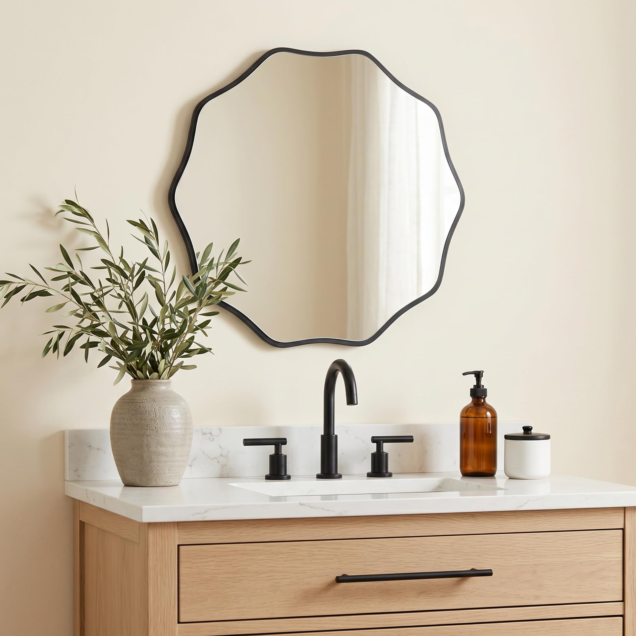 PERFNIQUE Round Wavy Wall Mirror, 50 cm Black Wood Framed Mirror for Bathroom Nursery Bedroom Living Room Entryway, Decorative Modern Wall Decor (Black, 50cm)