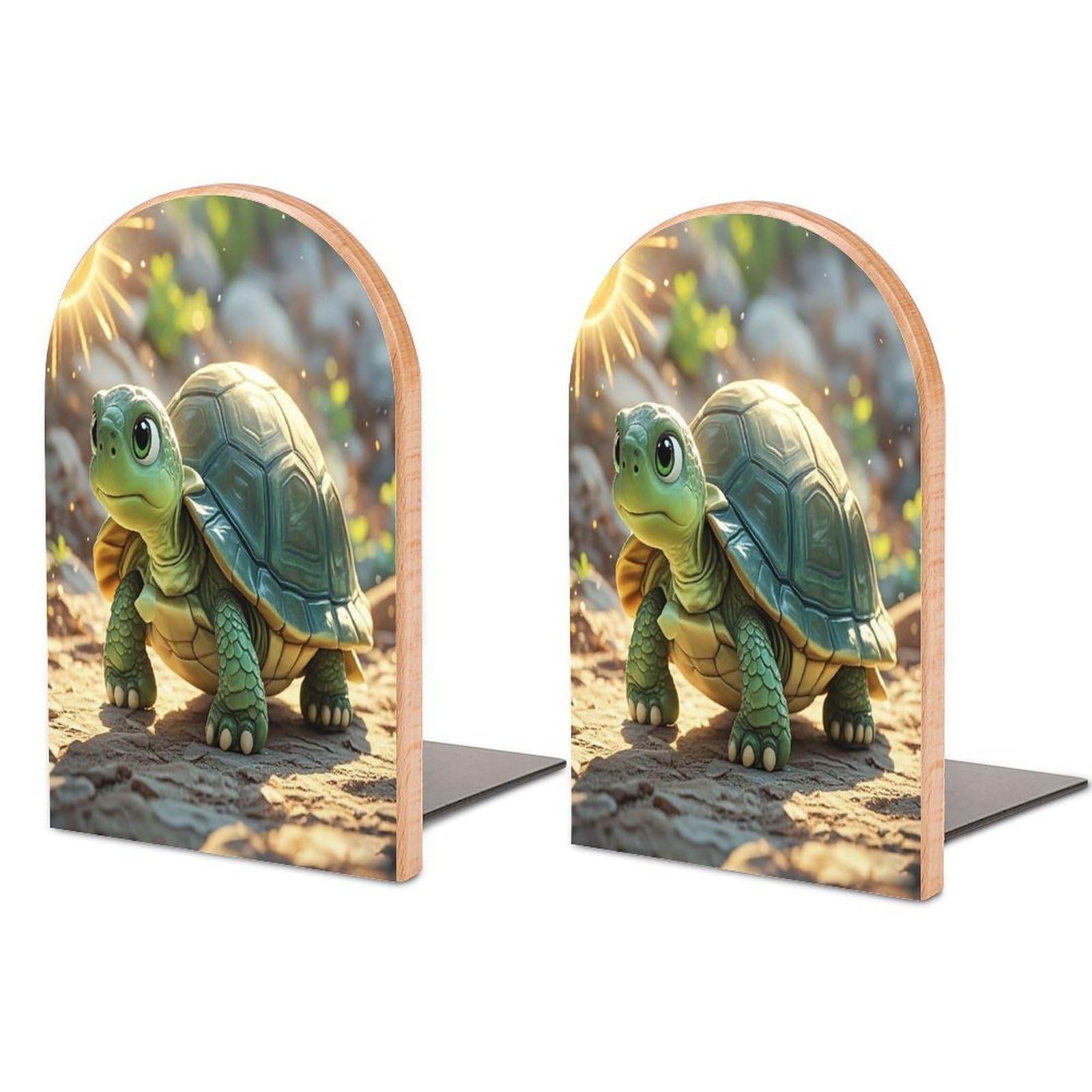Turtle in The Sun Bookend for Shelves Wooden Book End Sturdy Book Holders Stoppers with Metal Base for Bookshelves Slick Decorative Bookends Stands