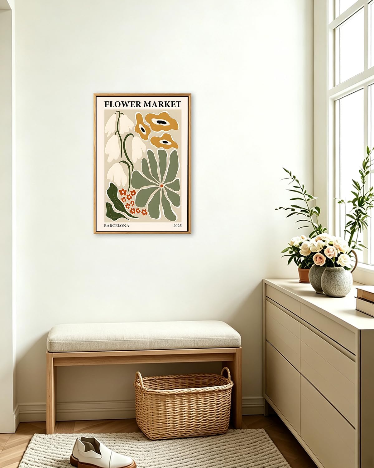 Gufro Flower Market Framed Canvas Wall Art，Green Fresh Boho Floral Wall Decor，Abstract Colorful Botanical Painting-24x32in image 4