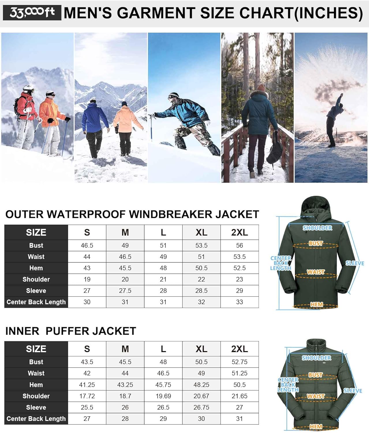 33,000ft Men's Waterproof 3-in-1 Ski Jacket, Warm Mountain Windbreaker Snow Rain Jackets Winter Coat with Puffer Jacket - Image 6