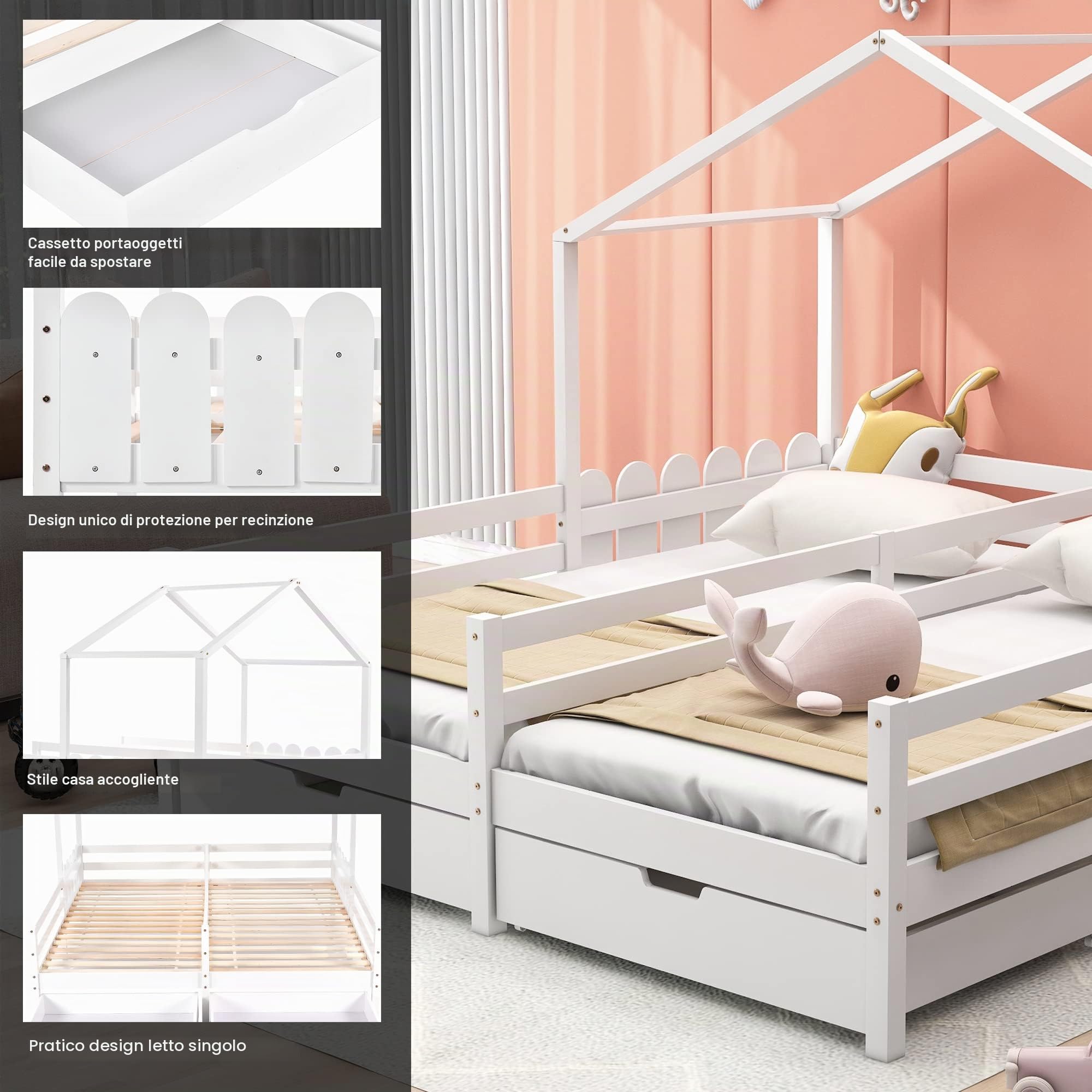 Azkoeesy Letto matrimoniale per bambini Azkoeesy, 90 x 200 cm, con protezione anticaduta e rete a doghe, a forma di casa, bianco