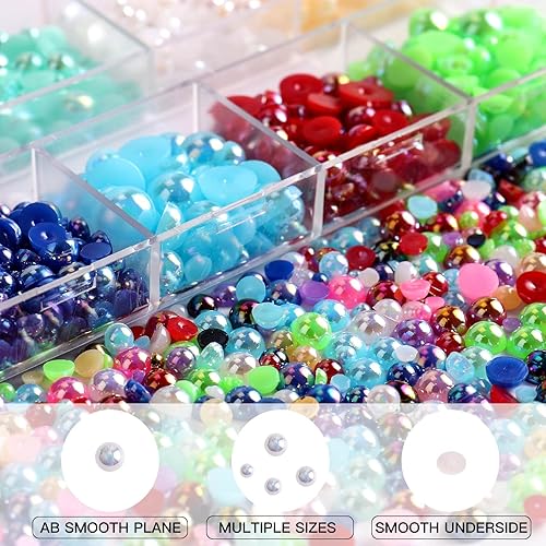 Miniatura 10 de YAEISM - 2000 perlas para uñas, cuentas de plástico de varios tamaños con diamantes de imitación para manualidades, perlas semicirculares AB con