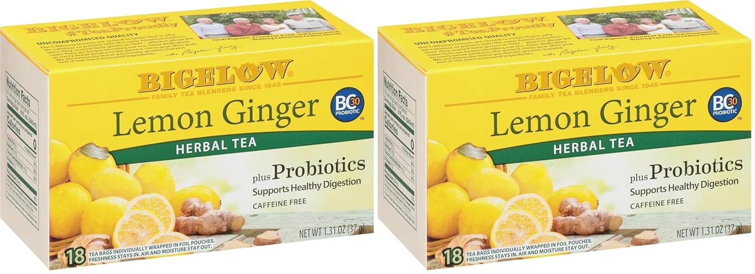 Bigelow Tea Lemon Ginger plus Probiotics Herbal Tea, Caffeine Free Tea with Lemon and Ginger, 18 Count Box (Pack of 12), 108 Total Tea Bags