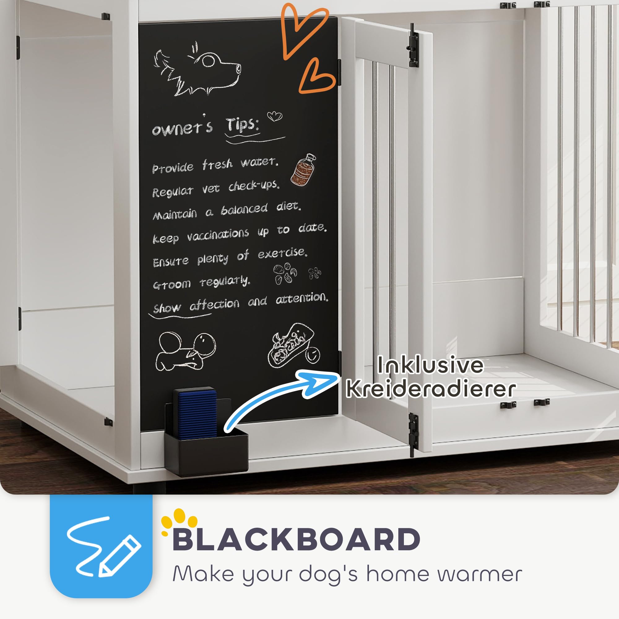 PawHut Hundekäfig für Zuhause mit 3 Türen, Haken für große Hunde Weiß | Hundebox, Hundehaus mit Radiergummi, Schreibtafel, Aufbewahrungsregal für Spielzeug