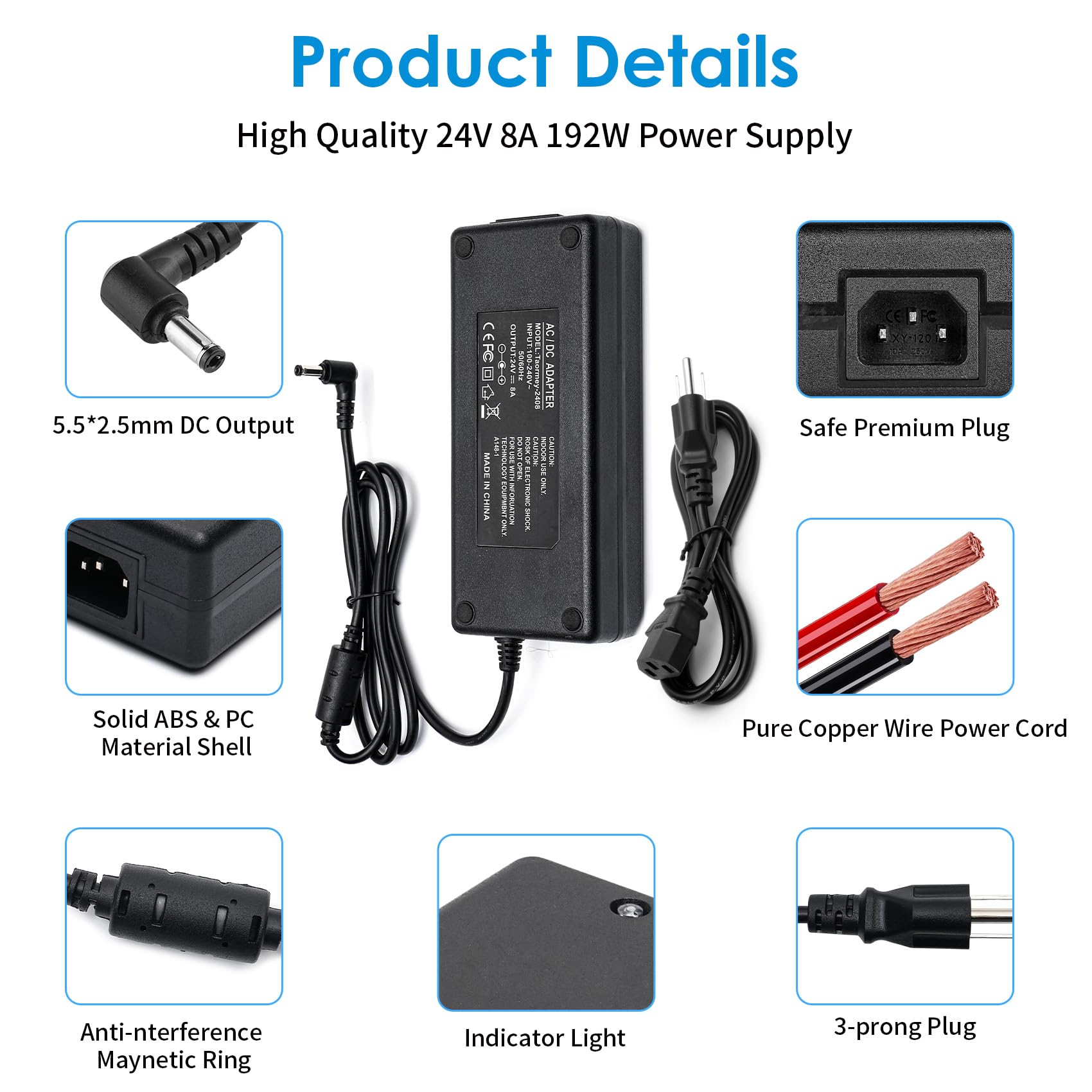 24V 8A Netzteil Adapter, Universal netzteil AC 100-240V bis DC 24 Volt 8 Amp Stromversorgung für LED Streifen,TVs DVD LCD Monitor Funkgerät Kamera,Haushaltsgerät - Euro Stecker 5,5 * 2,5/2,1mm
